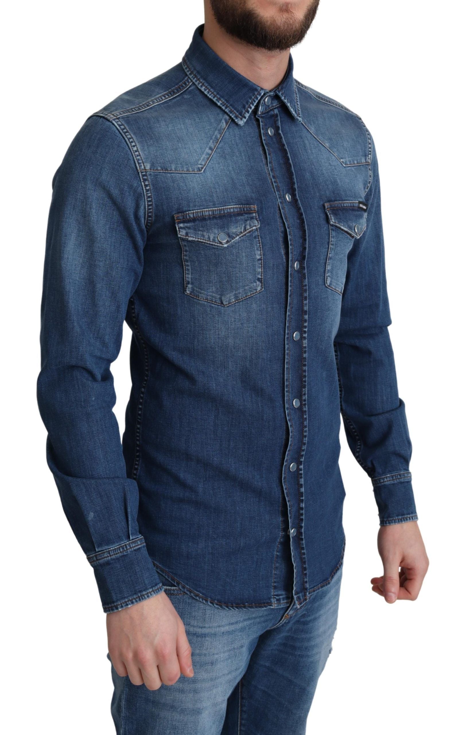 Dolce & Gabbana Blå Bomulls Stretchig Långärmad Denimskjorta