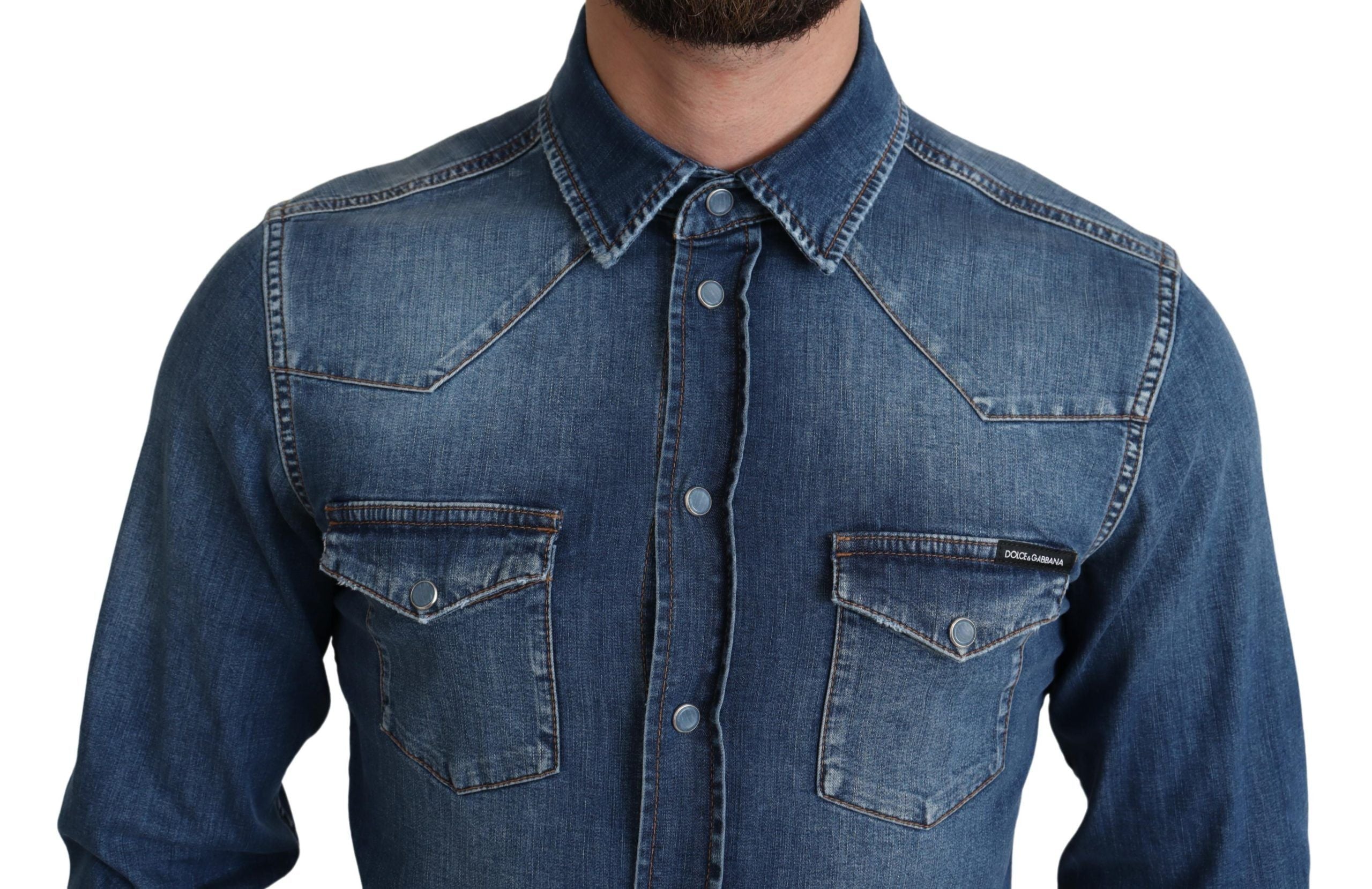 Dolce & Gabbana Blå Bomulls Stretchig Långärmad Denimskjorta