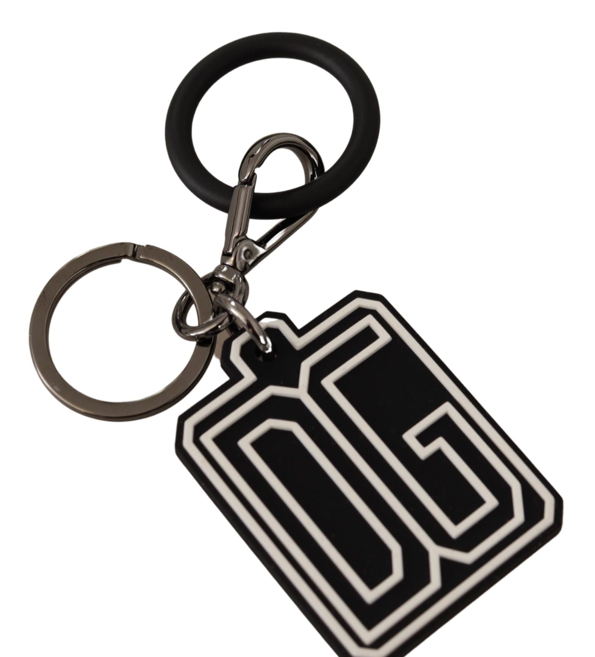 Dolce & Gabbana Svartvit DG Gummilogotyp Silverringnyckelring