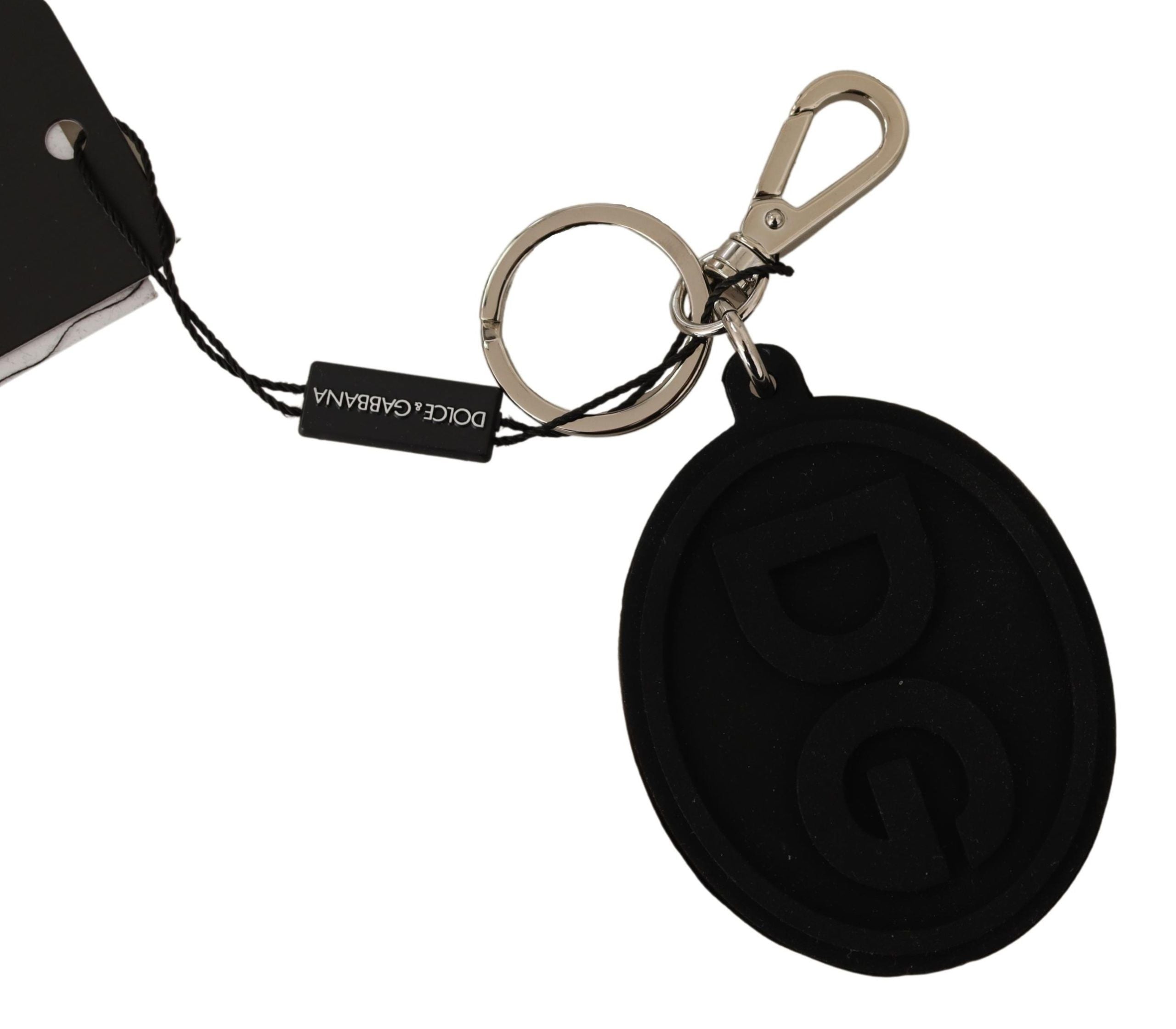 Dolce & Gabbana Svart Gummi DG Logotyp Silvermässing Metallnyckelring