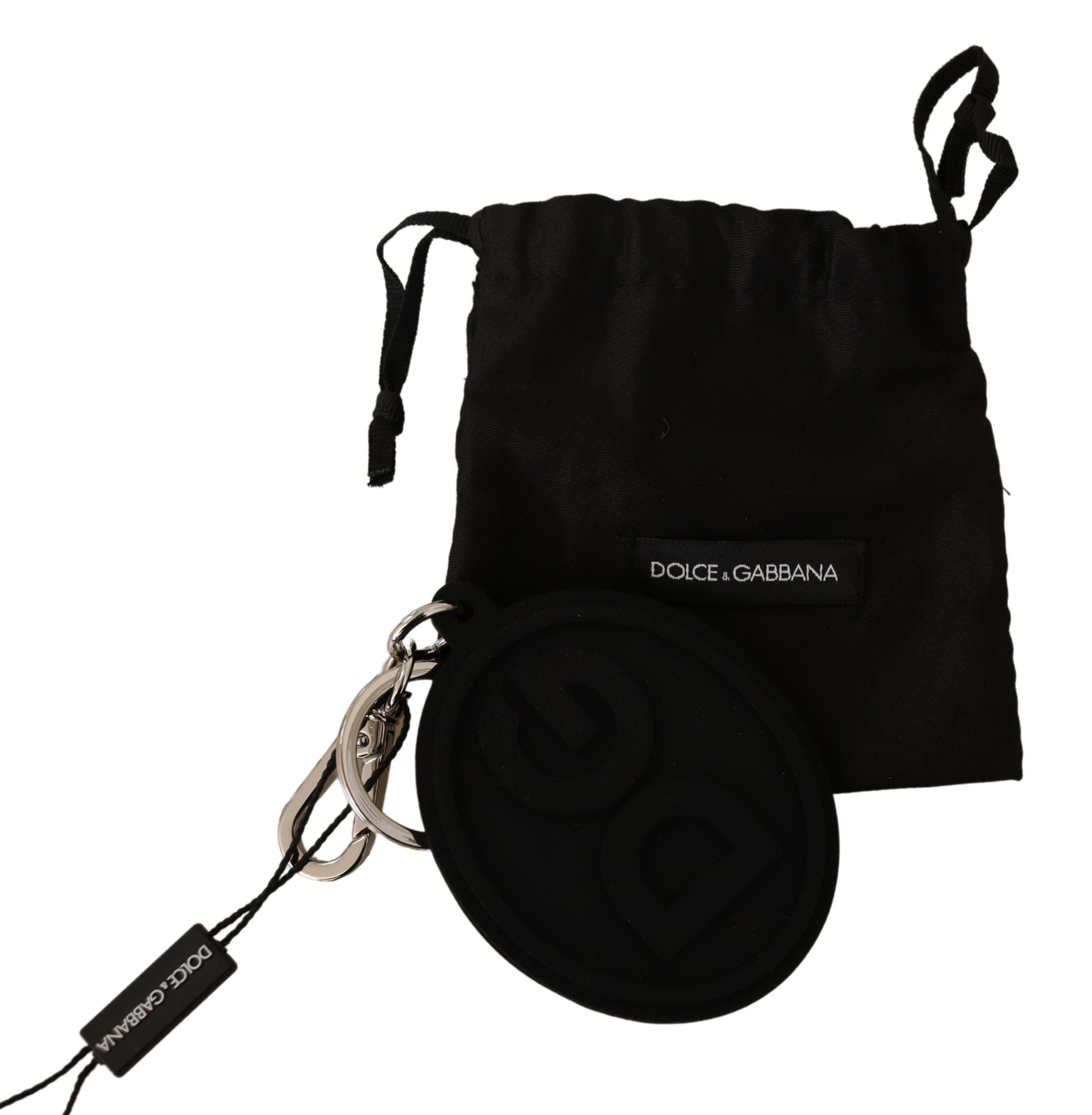 Dolce & Gabbana Svart Gummi DG Logotyp Silvermässing Metallnyckelring