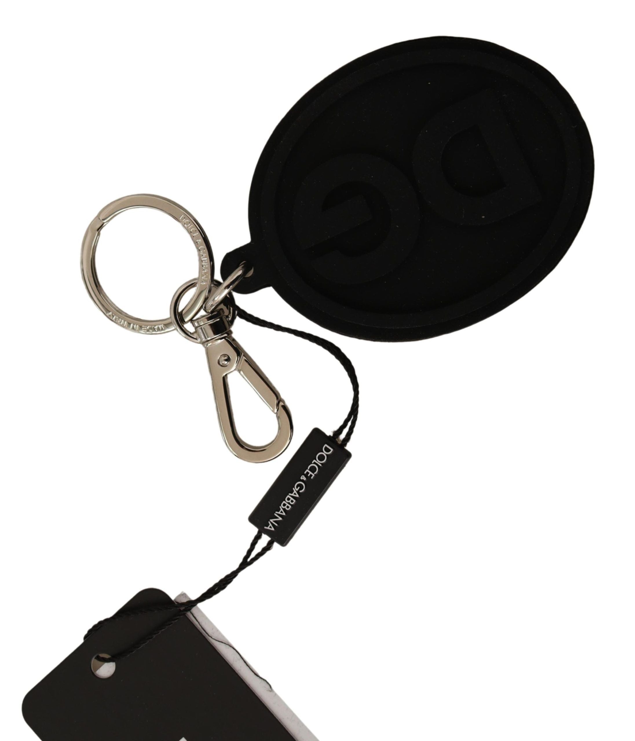 Dolce & Gabbana Svart Gummi DG Logotyp Silvermässing Metallnyckelring