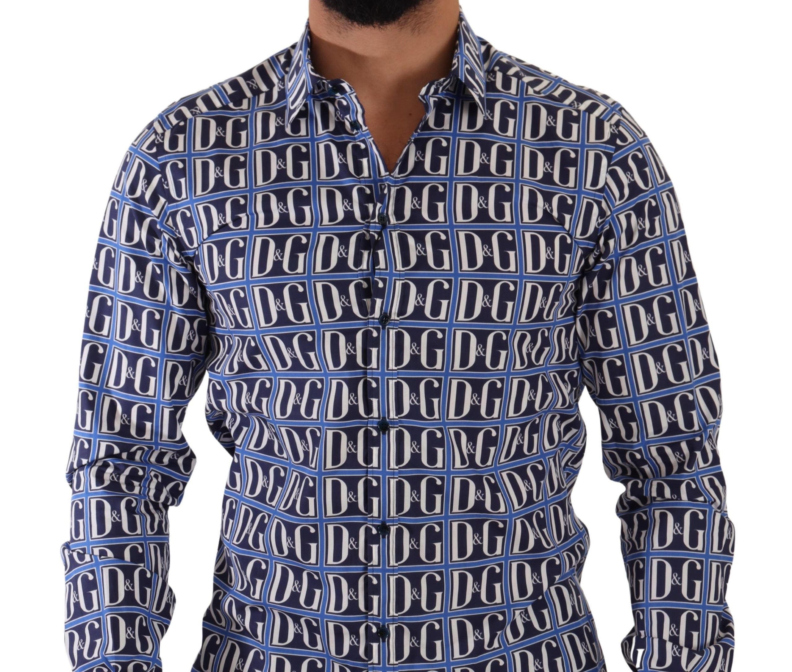 Dolce & Gabbana Blå Logo Mania Slim Fit Bomullsskjorta