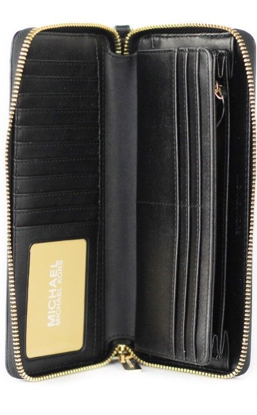 Michael Kors Jet Set Travel stor svart pebble läder Continental handledsplånbok