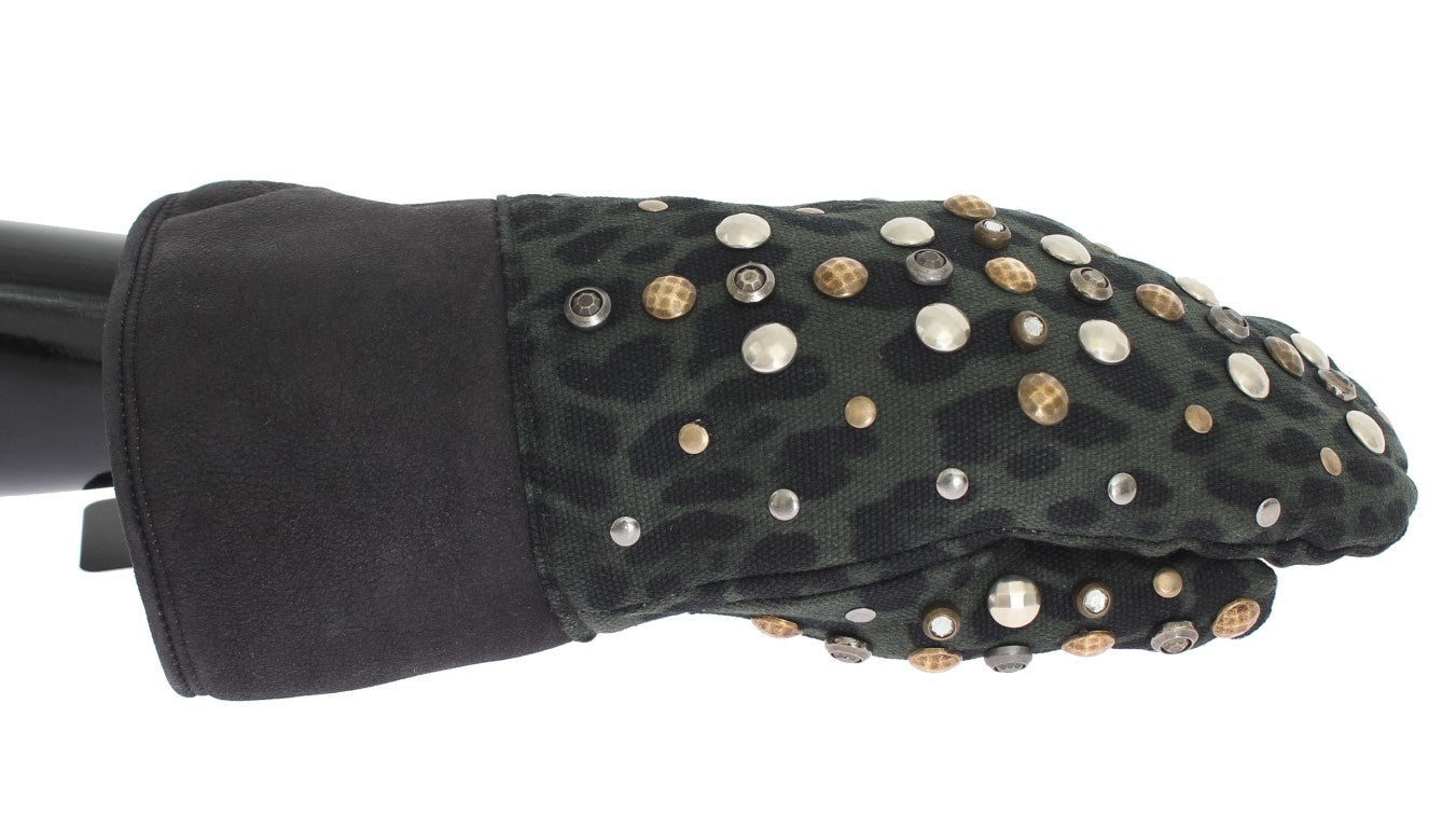 Dolce & Gabbana Grå Ullfårskinnshandskar Med Nitar Gröna Leopardmönster