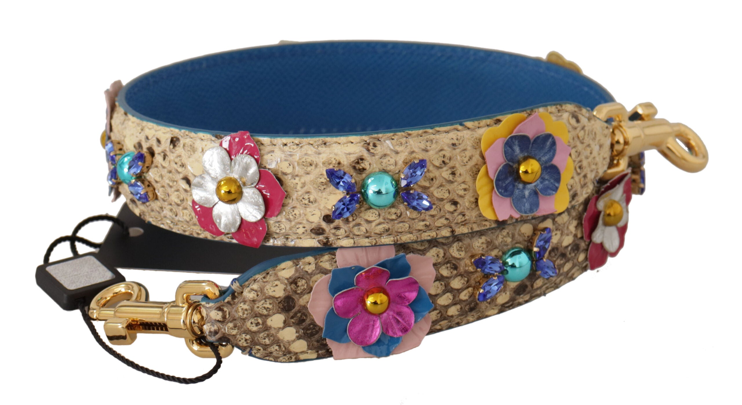 Dolce & Gabbana Beige Python Läder Axelrem Med Blommor Och Nitar