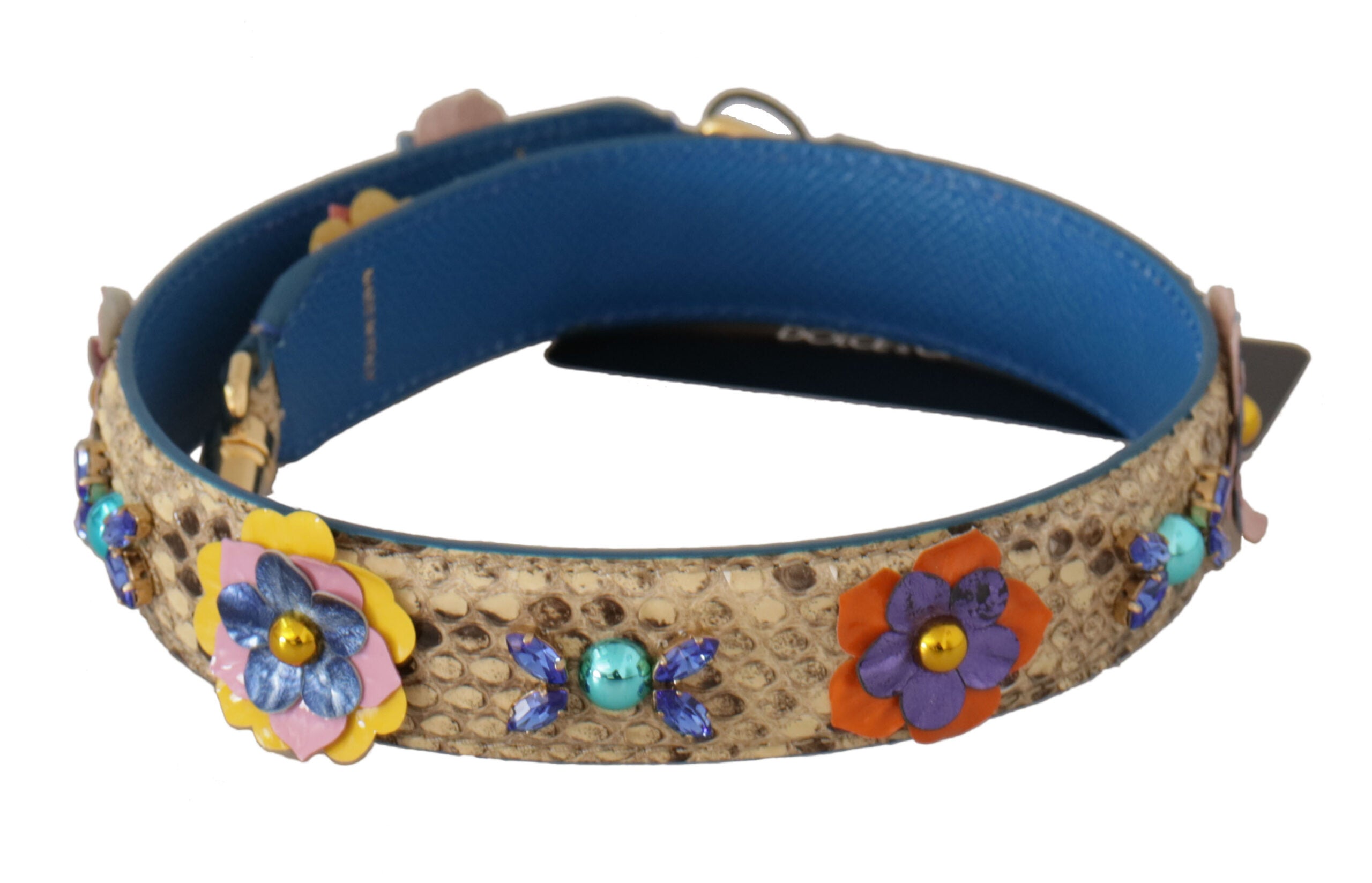 Dolce & Gabbana Beige Python Läder Axelrem Med Blommor Och Nitar