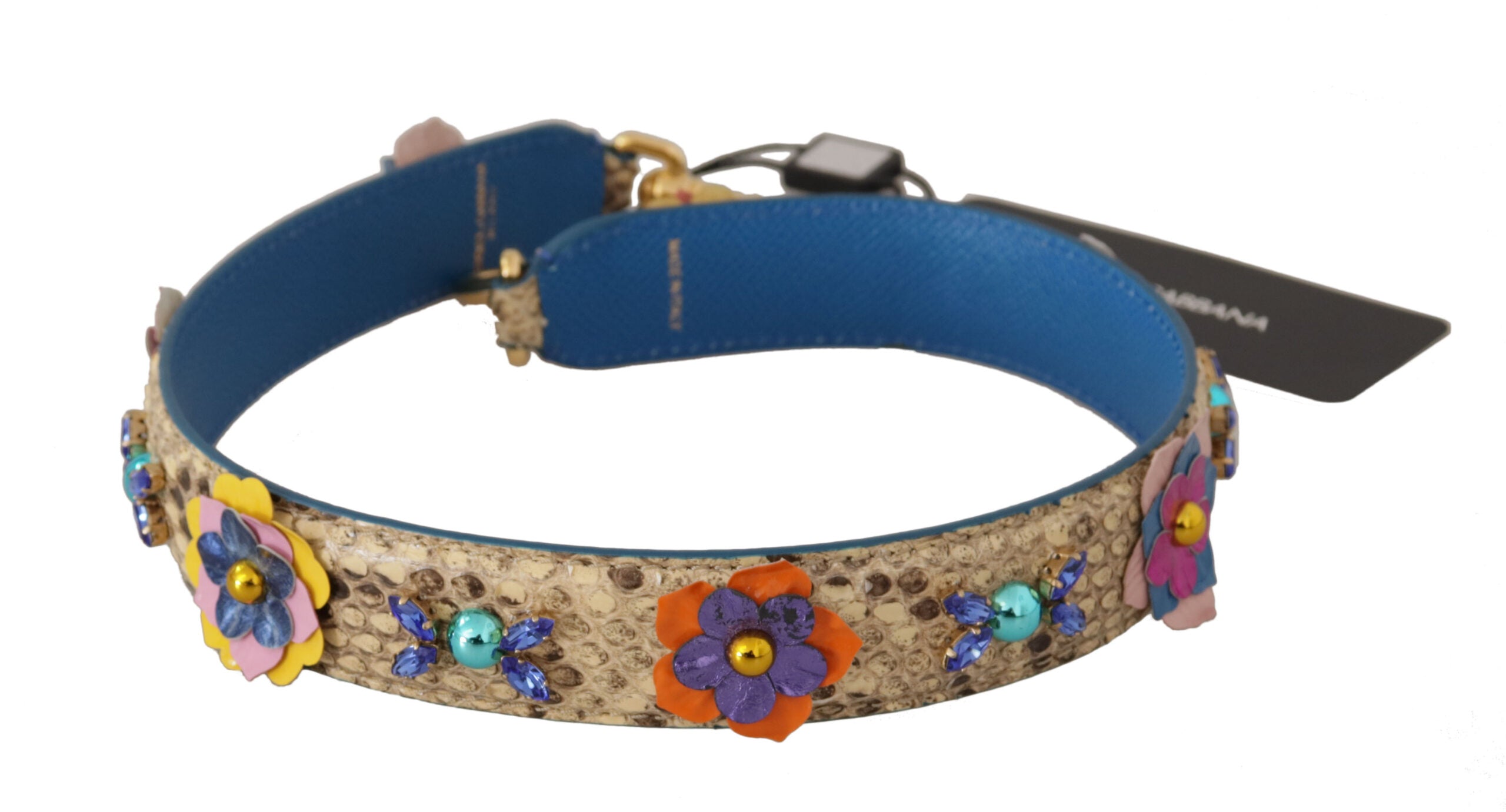 Dolce & Gabbana Beige Python Läder Axelrem Med Blommor Och Nitar