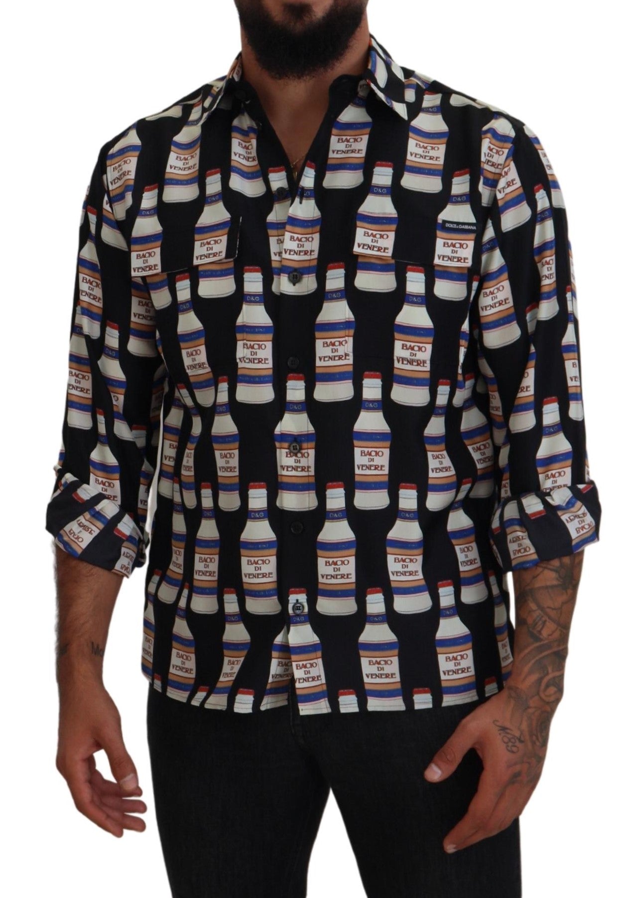 Dolce & Gabbana Svart Sidenmönstrad Krage Herrskjorta Casual