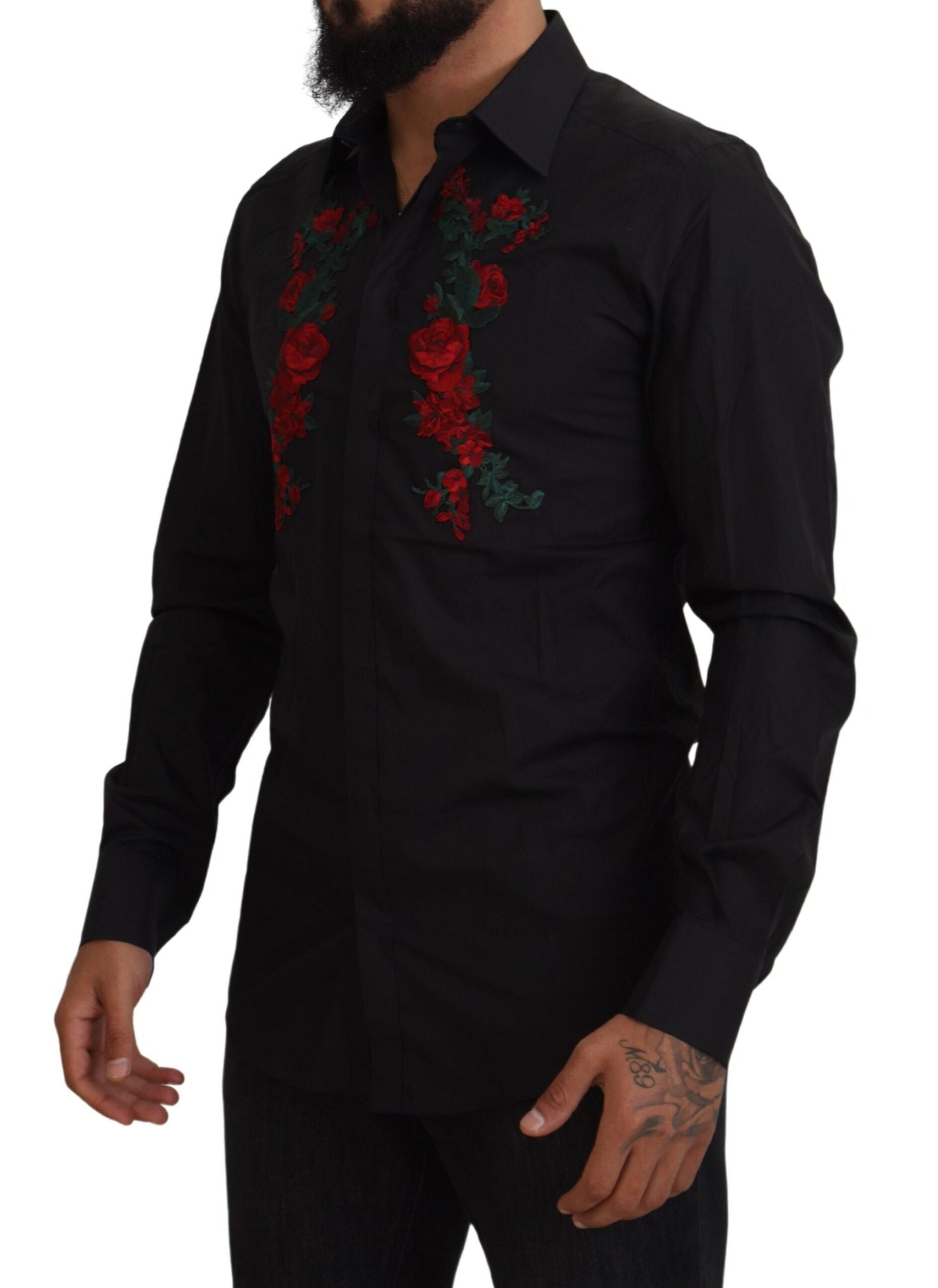 Dolce & Gabbana Svart Blommig Broderi Herr Långärmad GULD Skjorta