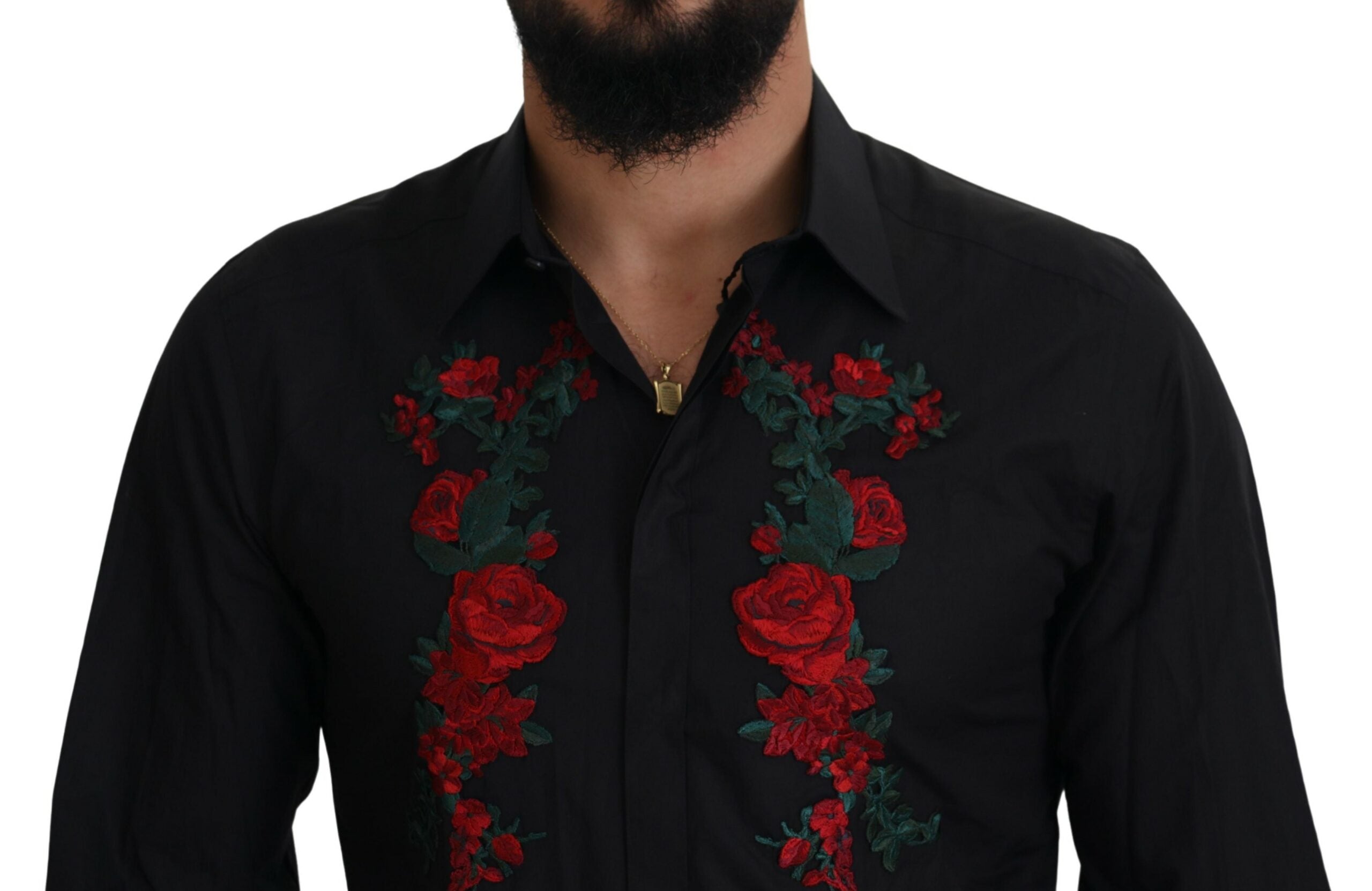Dolce & Gabbana Svart Blommig Broderi Herr Långärmad GULD Skjorta