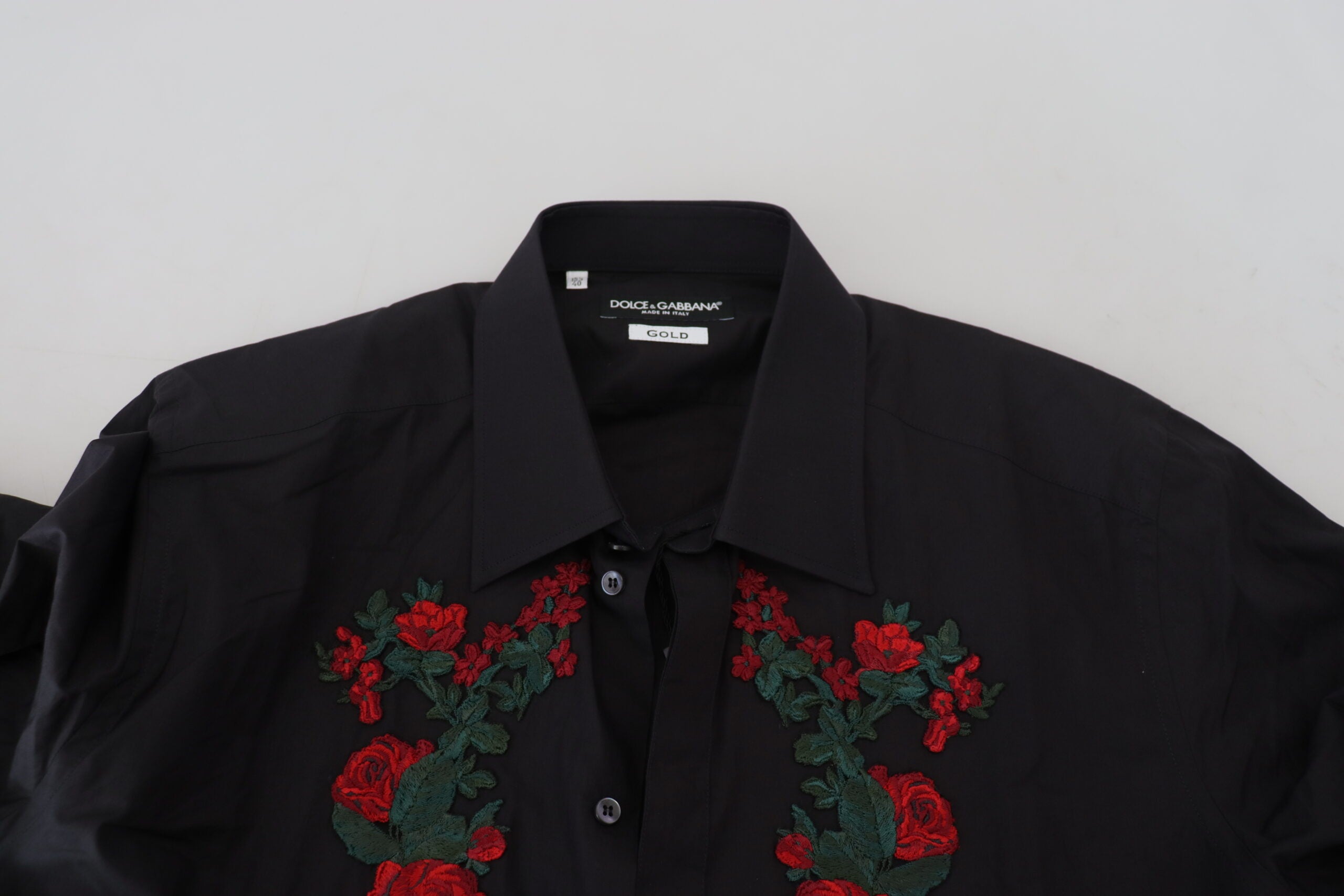 Dolce & Gabbana Svart Blommig Broderi Herr Långärmad GULD Skjorta
