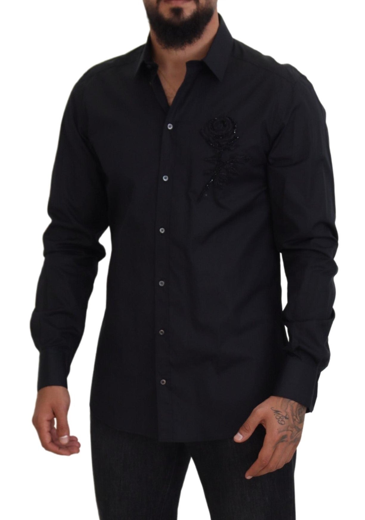 Dolce & Gabbana Black Roses Slim Fit Bomullsskjorta