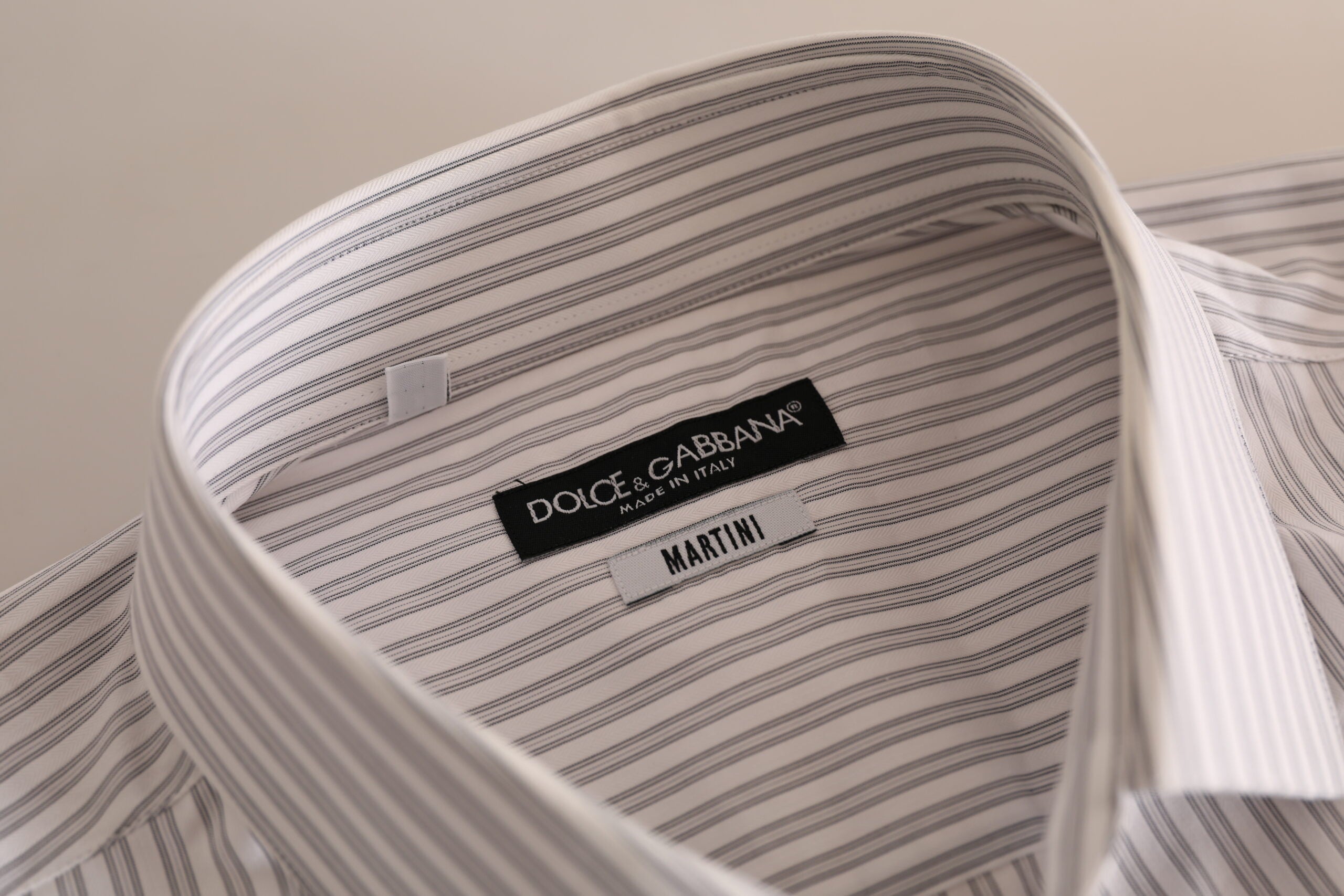 Dolce & Gabbana Vit MARTINI Randig Bomullsskjorta med Hög Hals