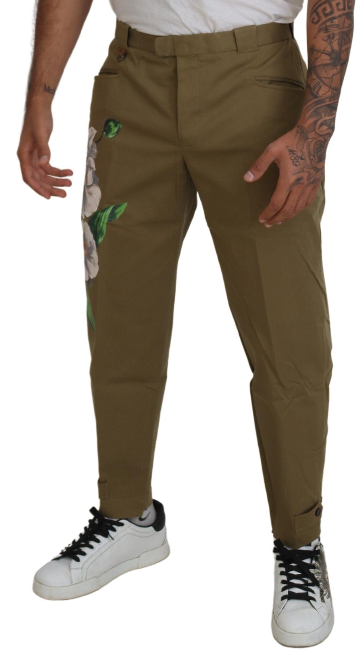 Dolce & Gabbana Beige Bomullsstretchiga Blommiga Chinosbyxor