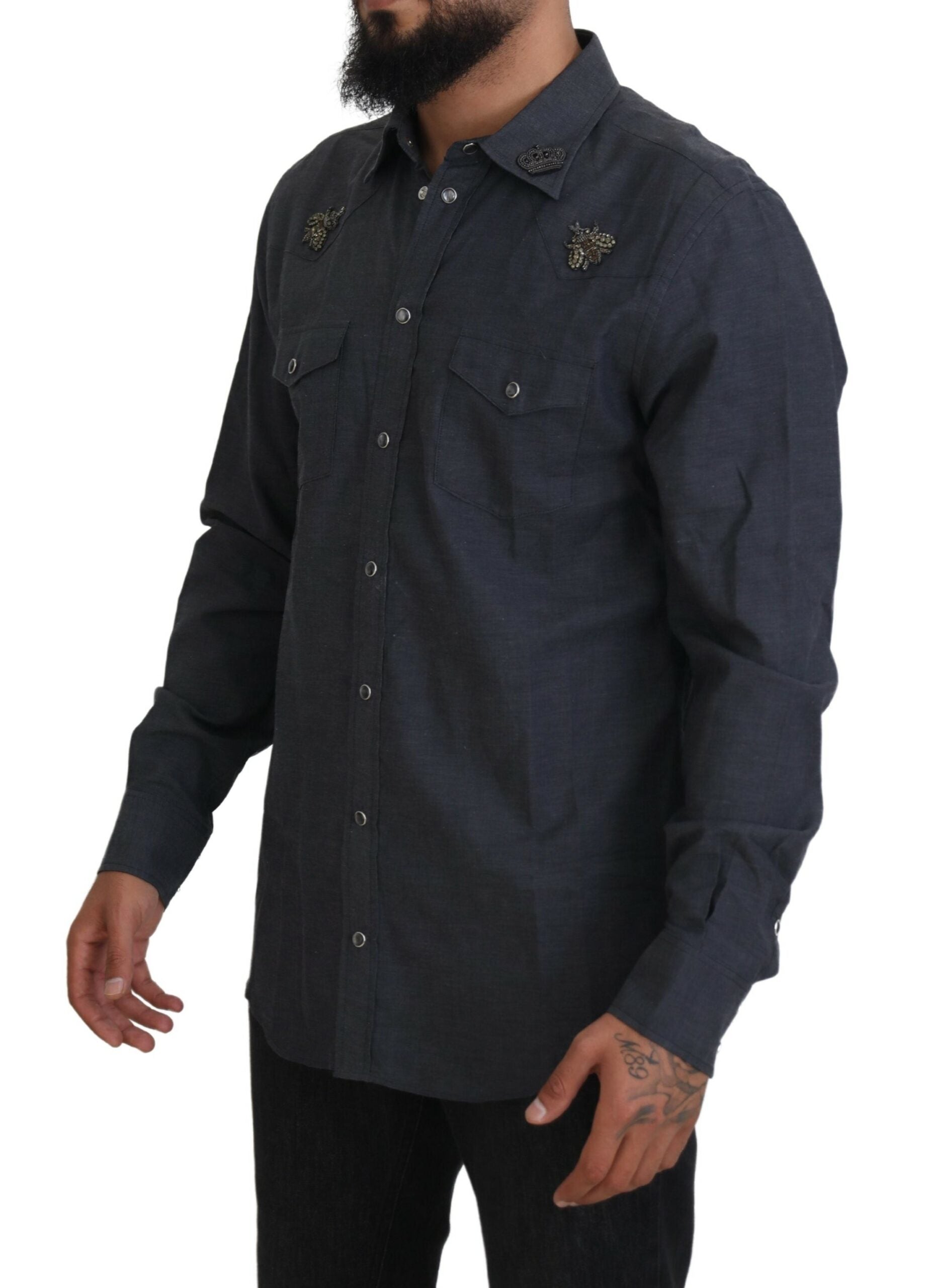 Dolce & Gabbana Blå Bomullsdenimskjorta med Kristallbi