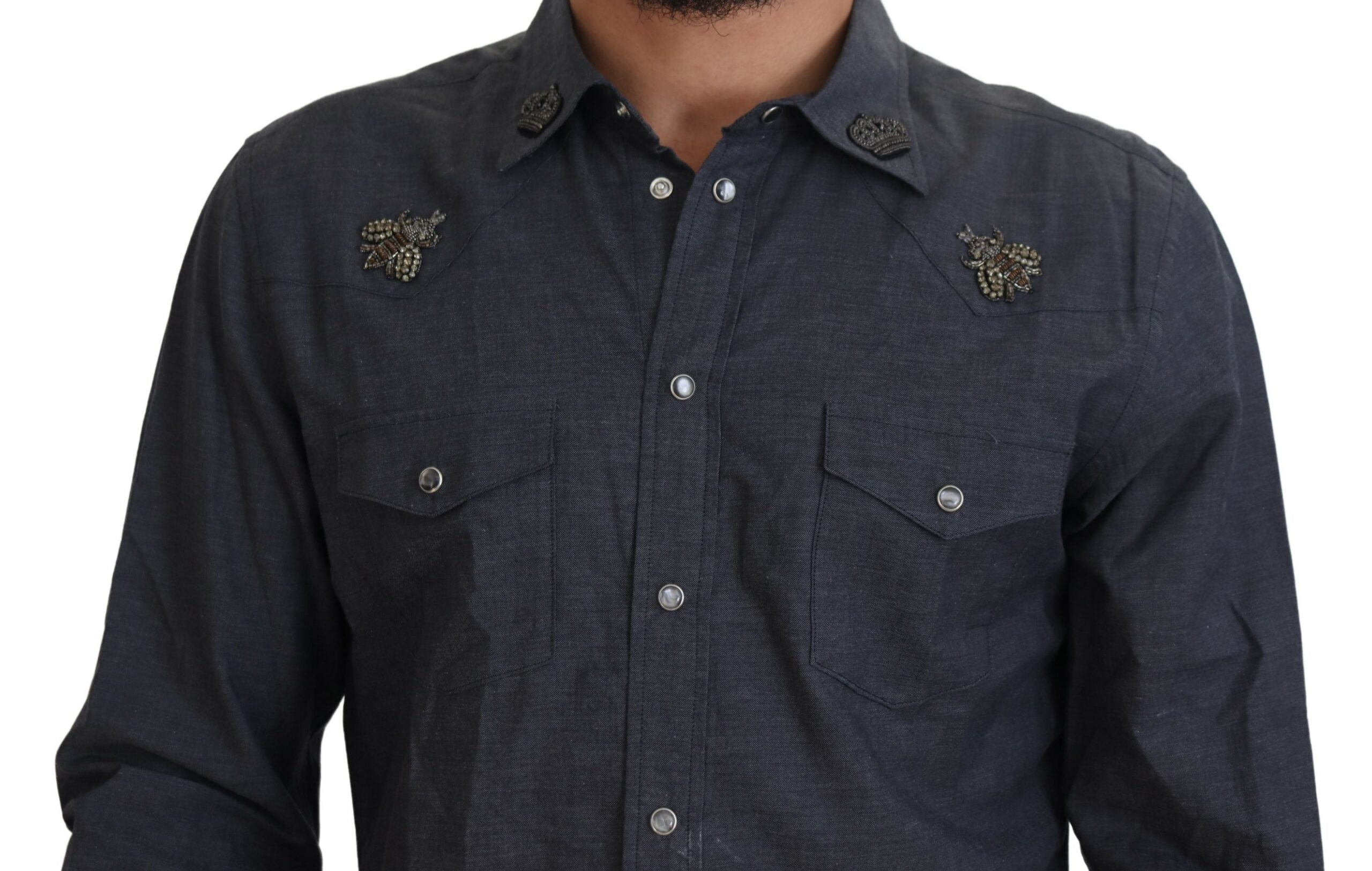 Dolce & Gabbana Blå Bomullsdenimskjorta med Kristallbi