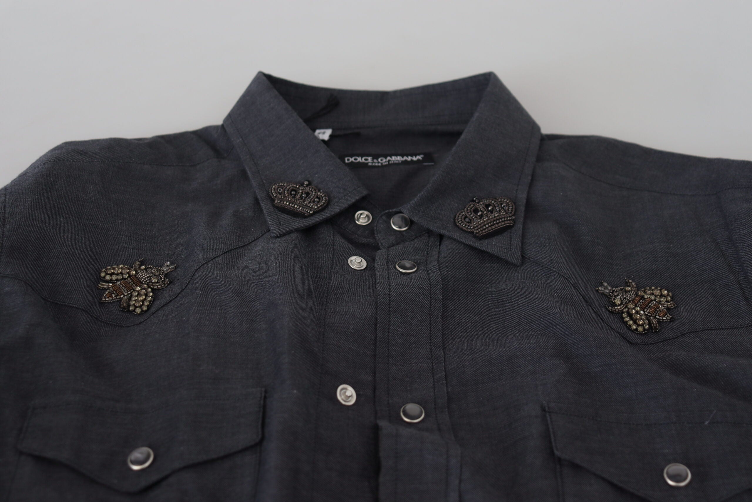 Dolce & Gabbana Blå Bomullsdenimskjorta med Kristallbi