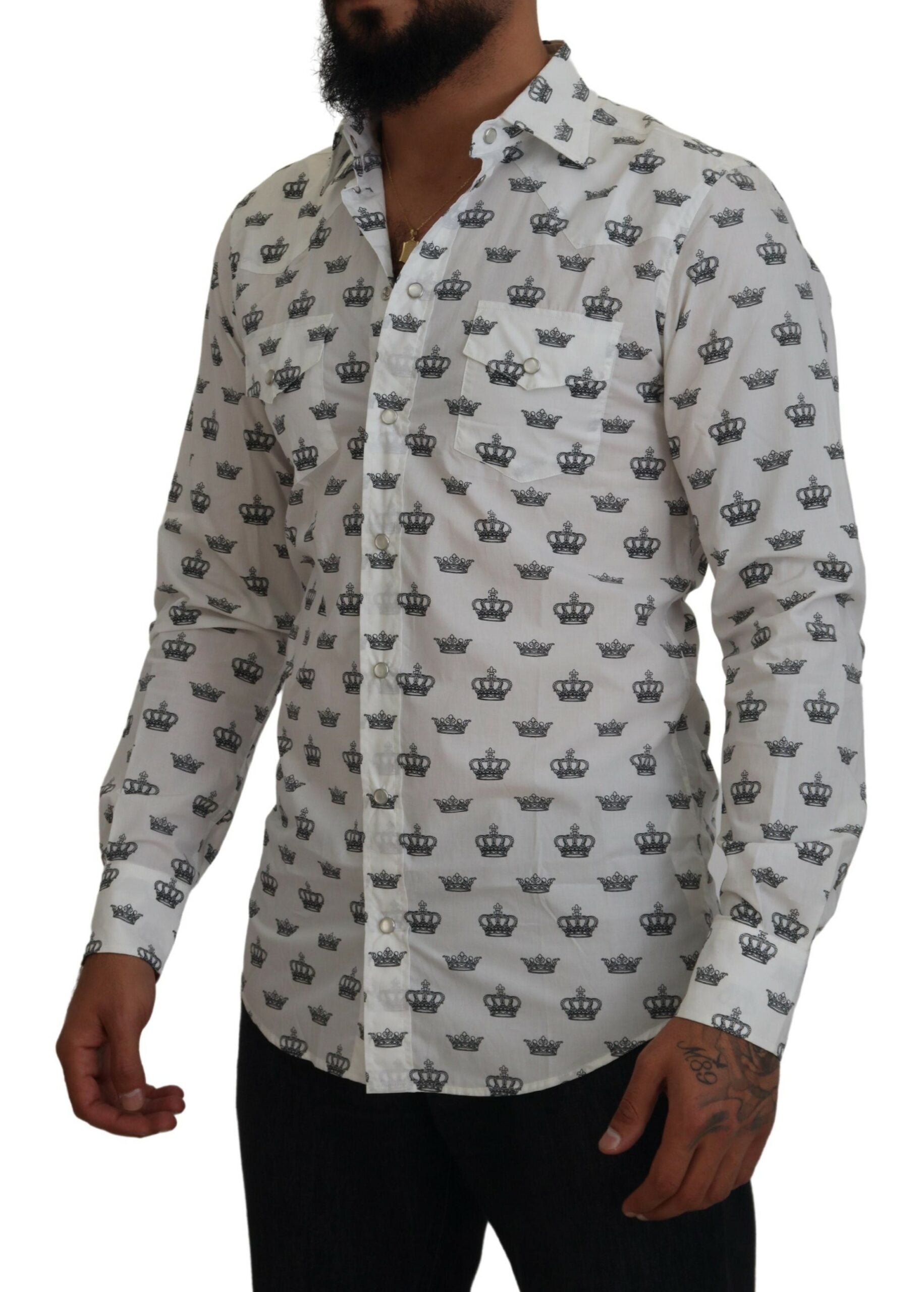 Dolce & Gabbana Vit Kronmönstrad Slim Fit Bomullsskjorta