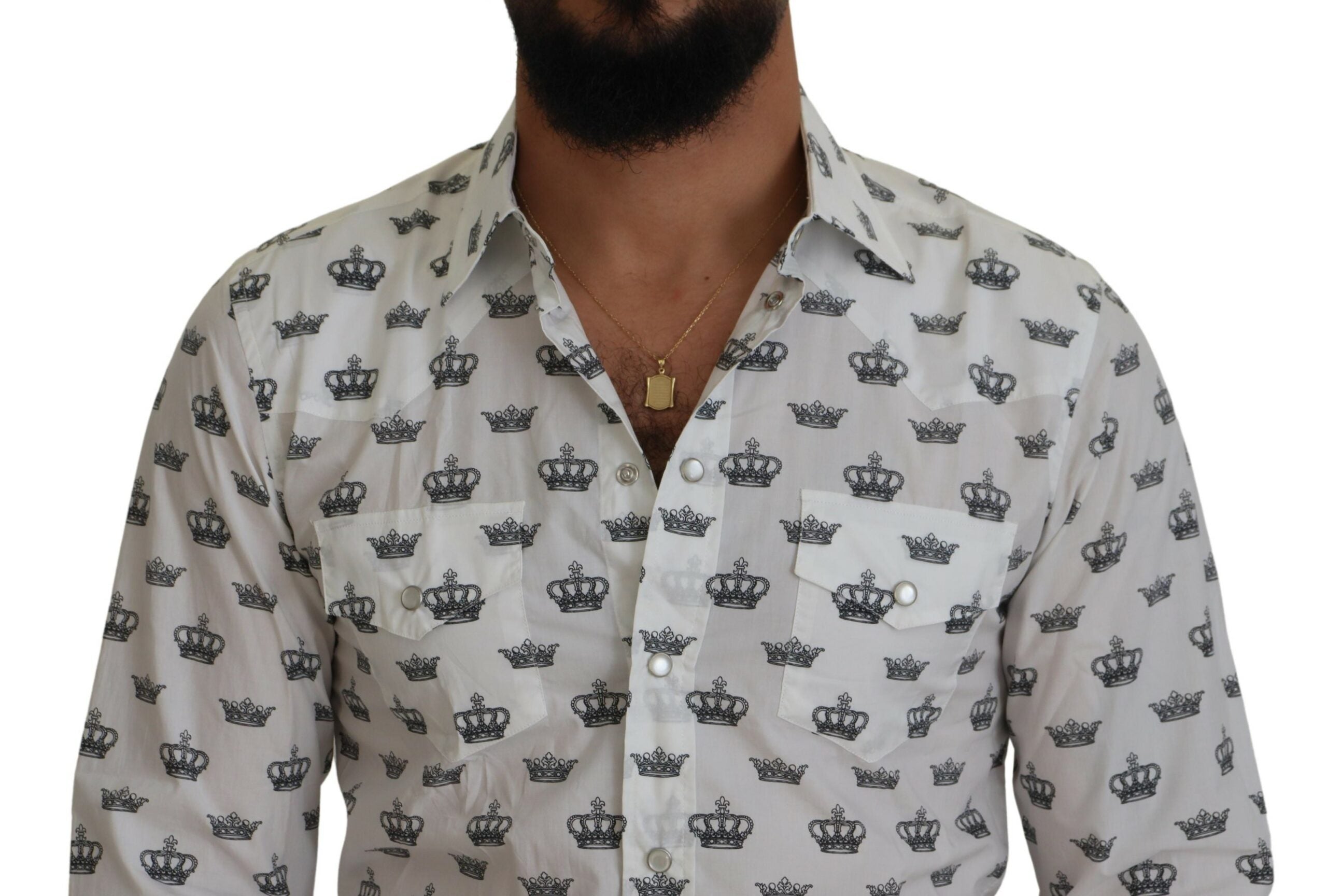 Dolce & Gabbana Vit Kronmönstrad Slim Fit Bomullsskjorta