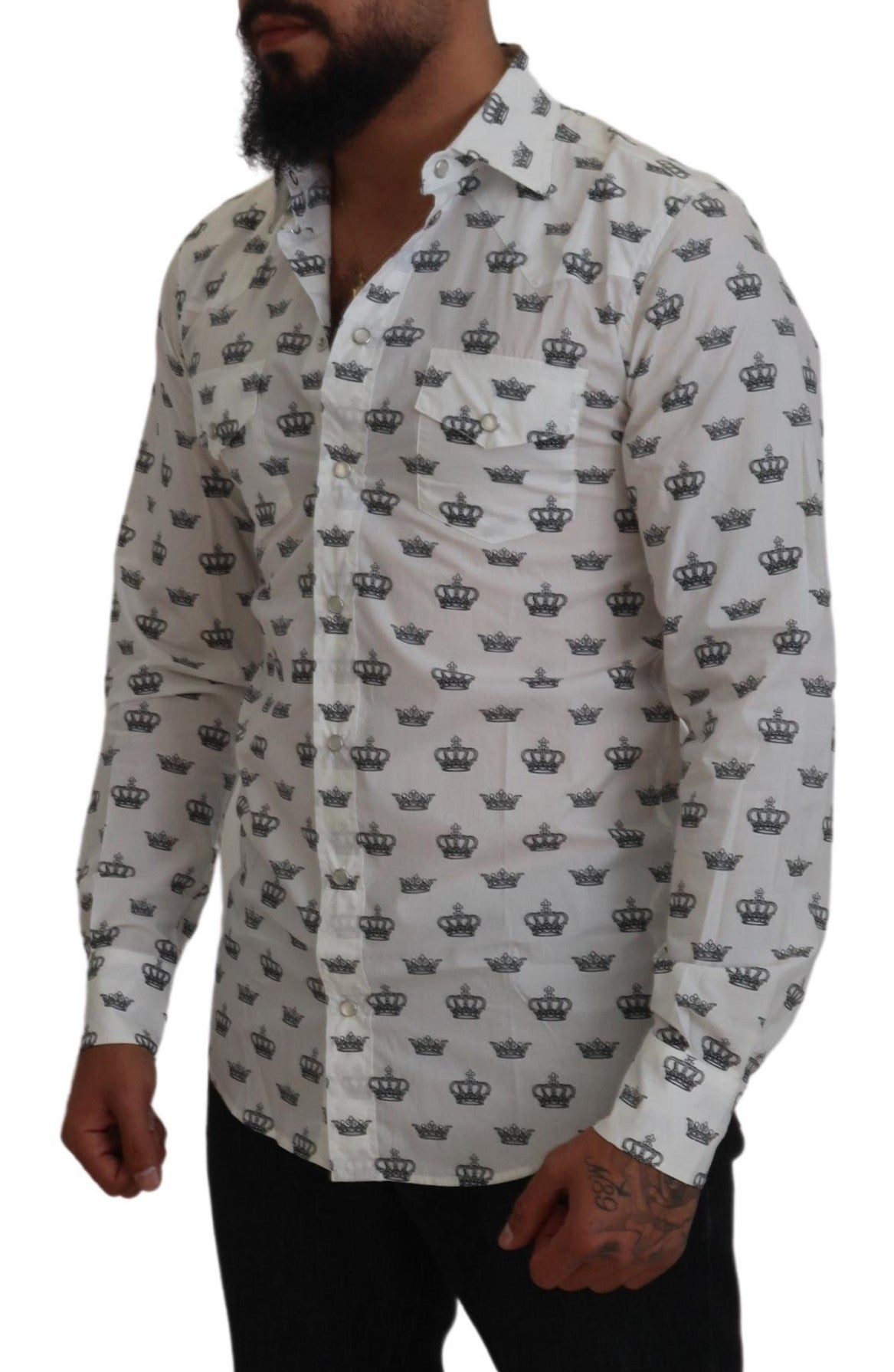 Dolce & Gabbana Vit Kronmönstrad Slim Fit Bomullsskjorta