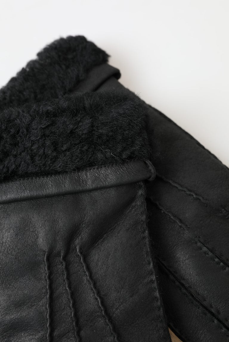 Dolce & Gabbana Svarta Läderpäls Korta Händer Mitten Herrhandskar