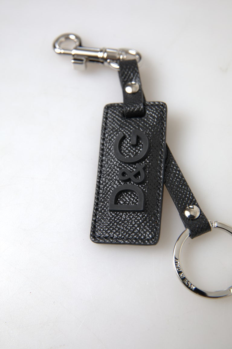 Dolce & Gabbana Svart DG-logotyp Läder Silver Metallnyckelring