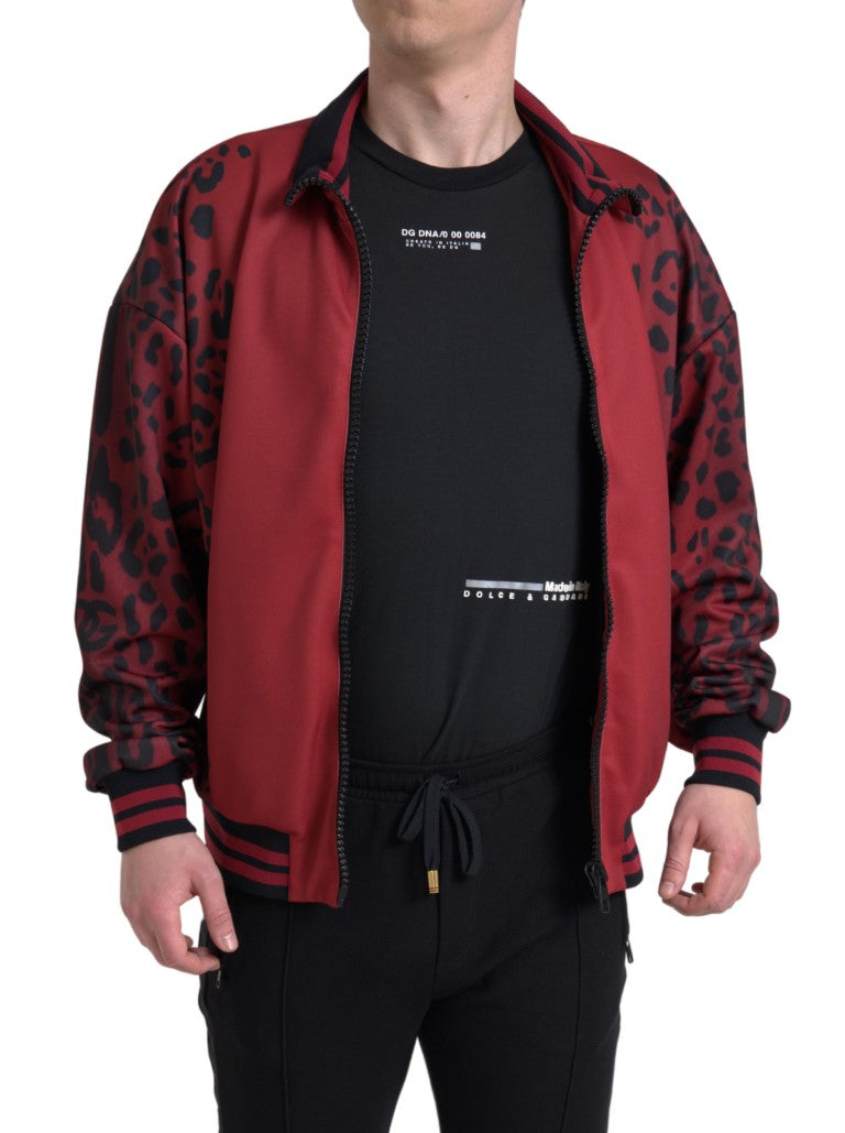 Dolce & Gabbana Röd Leopardfärgad Polyester Bomberjacka med Hel Dragkedja