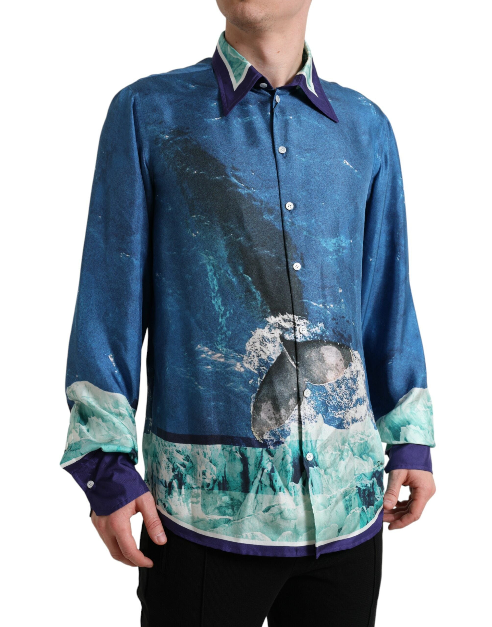 Dolce & Gabbana Blå Havsmönstrad Sidenskjorta Med Krage Och Button Down