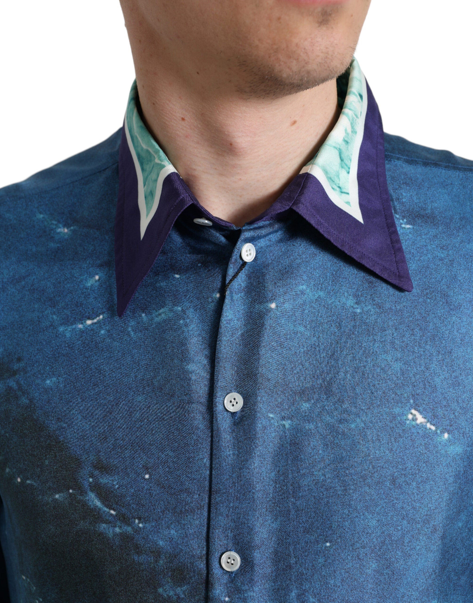 Dolce & Gabbana Blå Havsmönstrad Sidenskjorta Med Krage Och Button Down