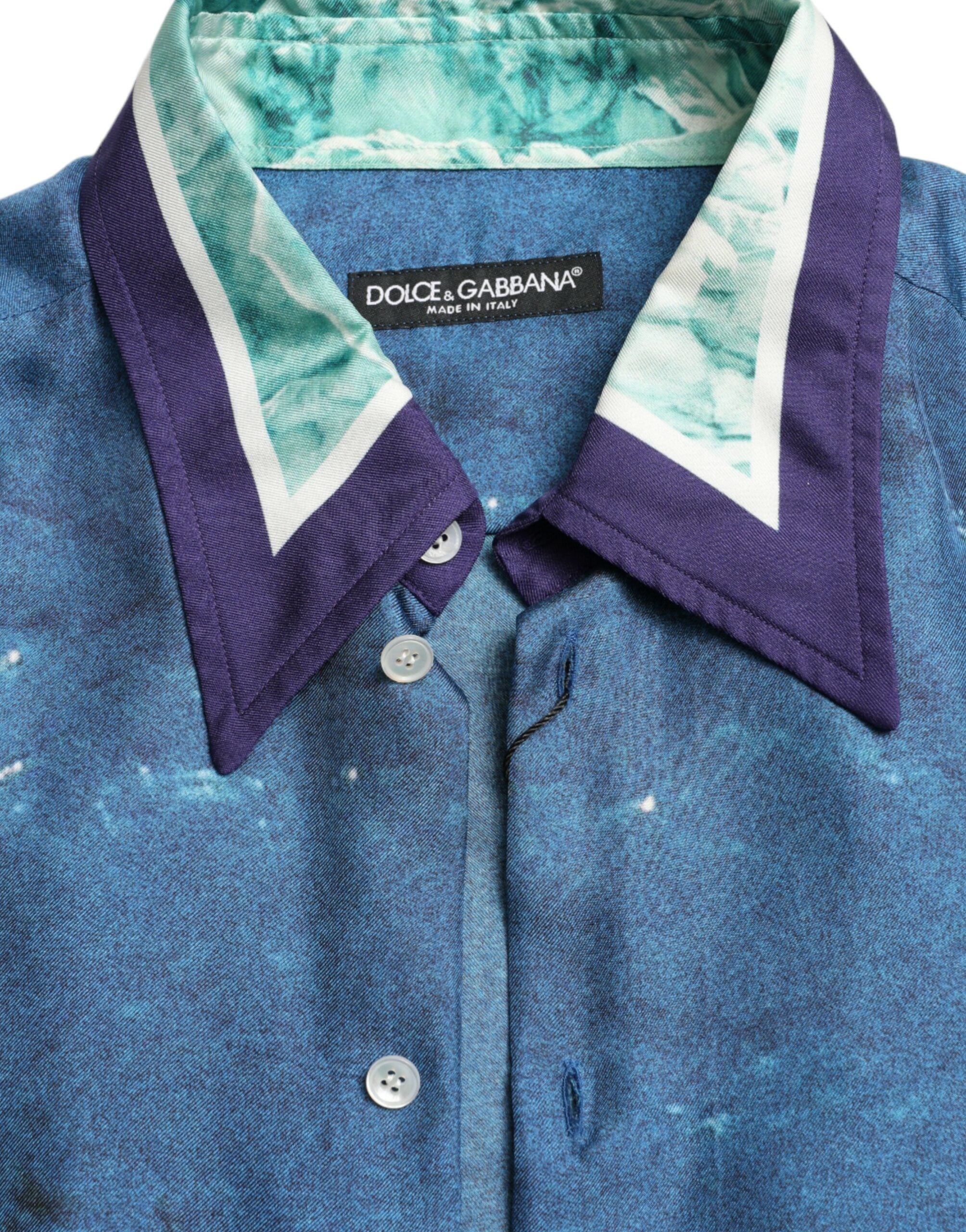 Dolce & Gabbana Blå Havsmönstrad Sidenskjorta Med Krage Och Button Down