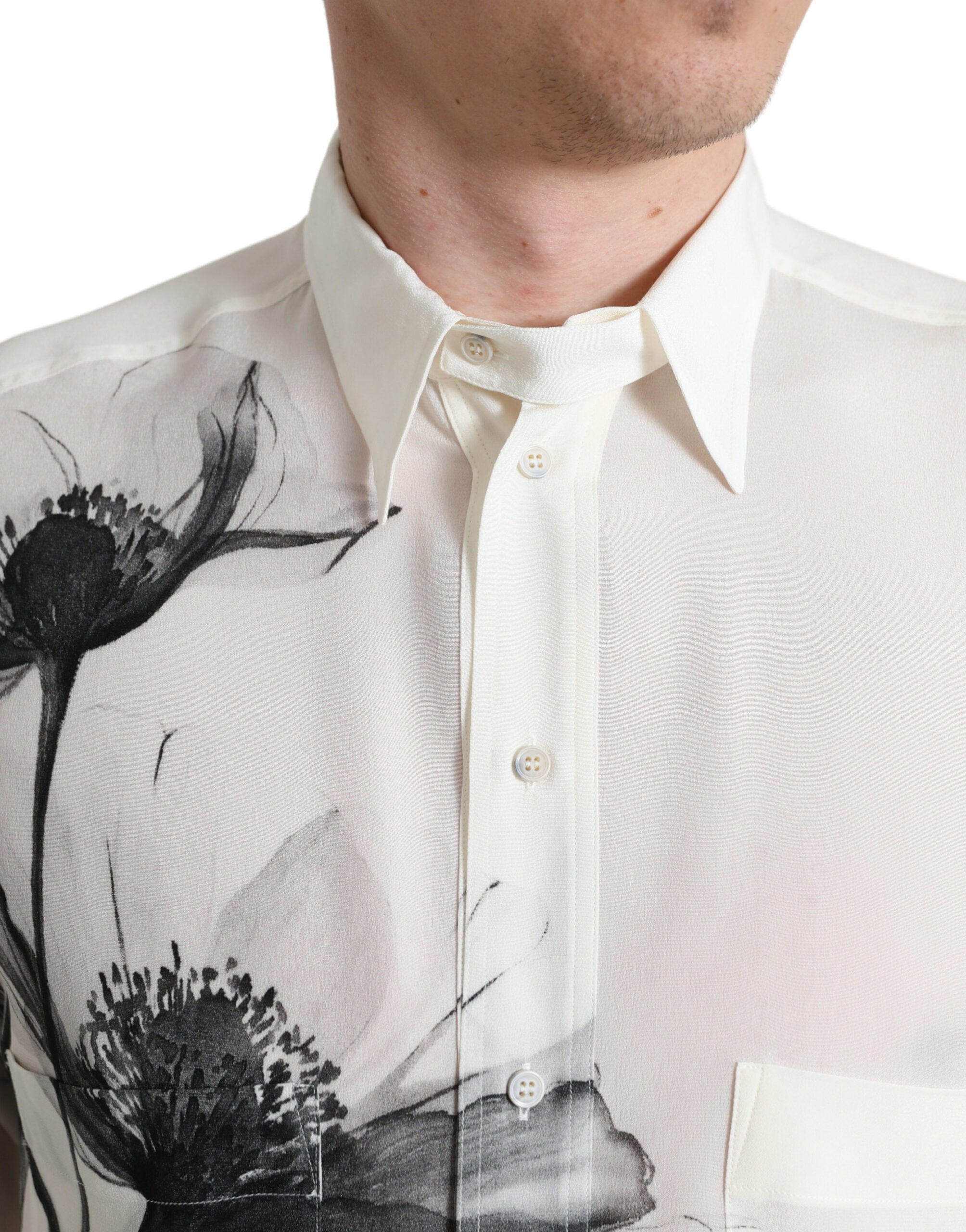 Dolce & Gabbana Vit Blommig Krageklänning Sidenskjorta