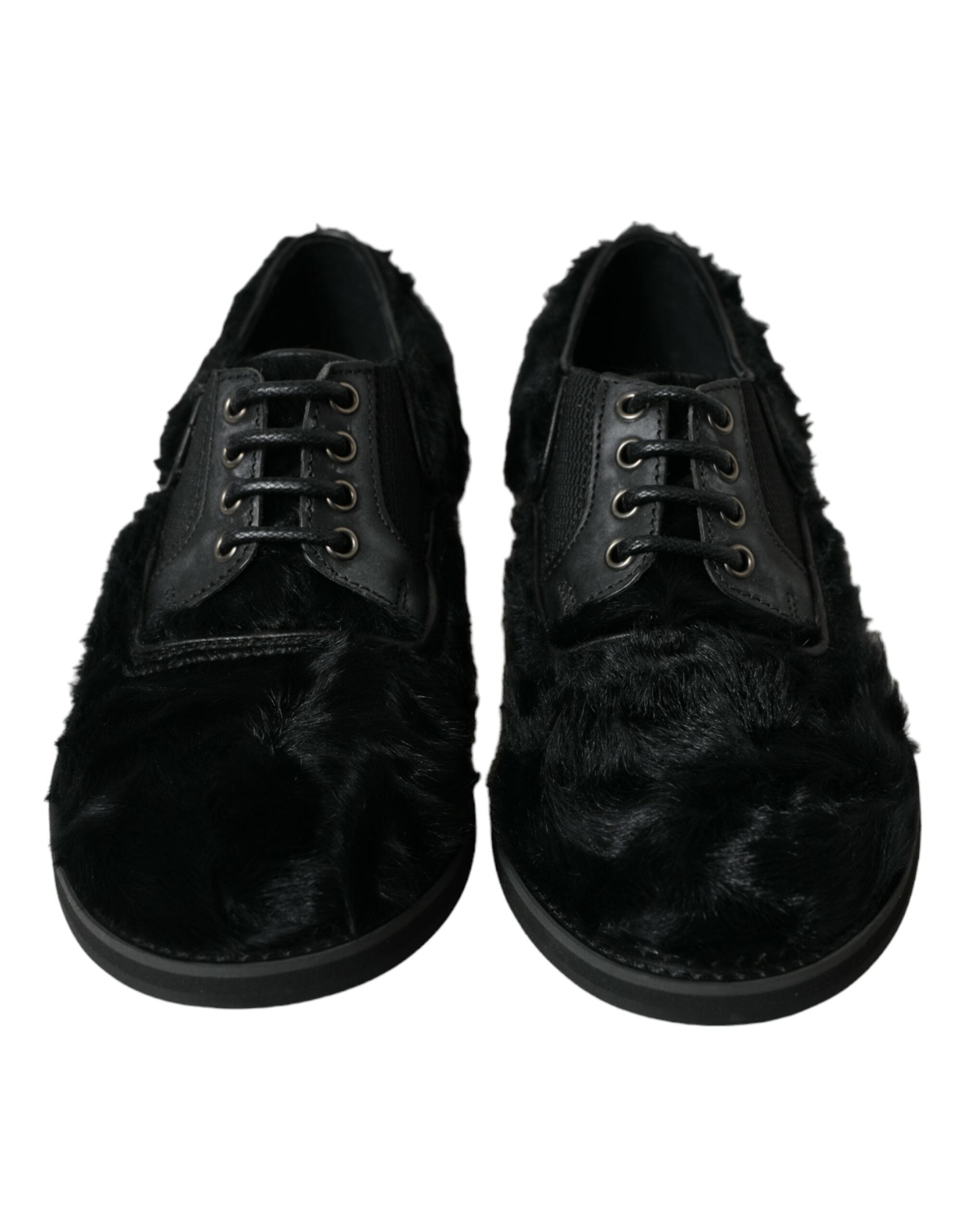 Dolce & Gabbana Svarta Derbyskor i Läder med Päls och Snörning