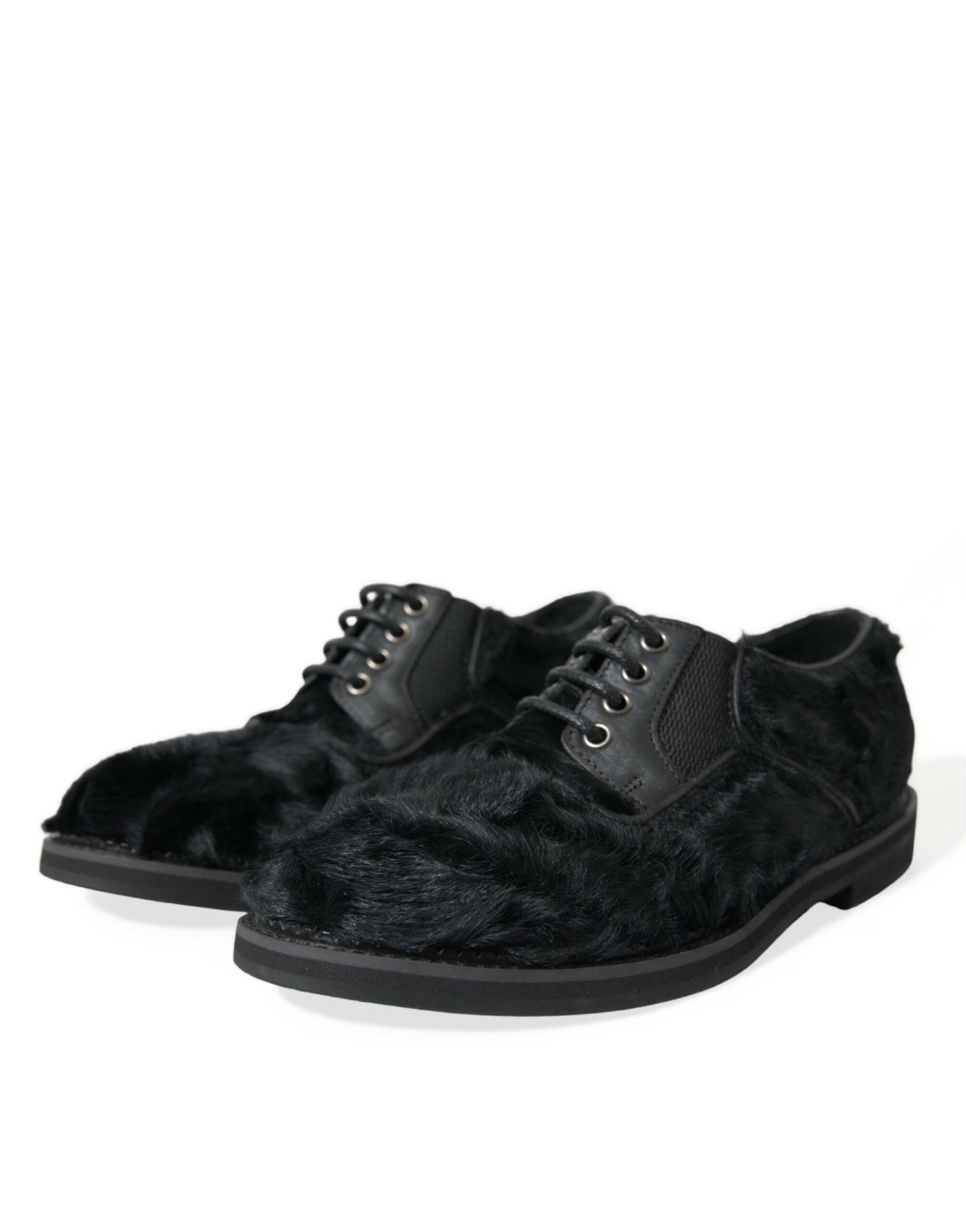Dolce & Gabbana Svarta Derbyskor i Läder med Päls och Snörning