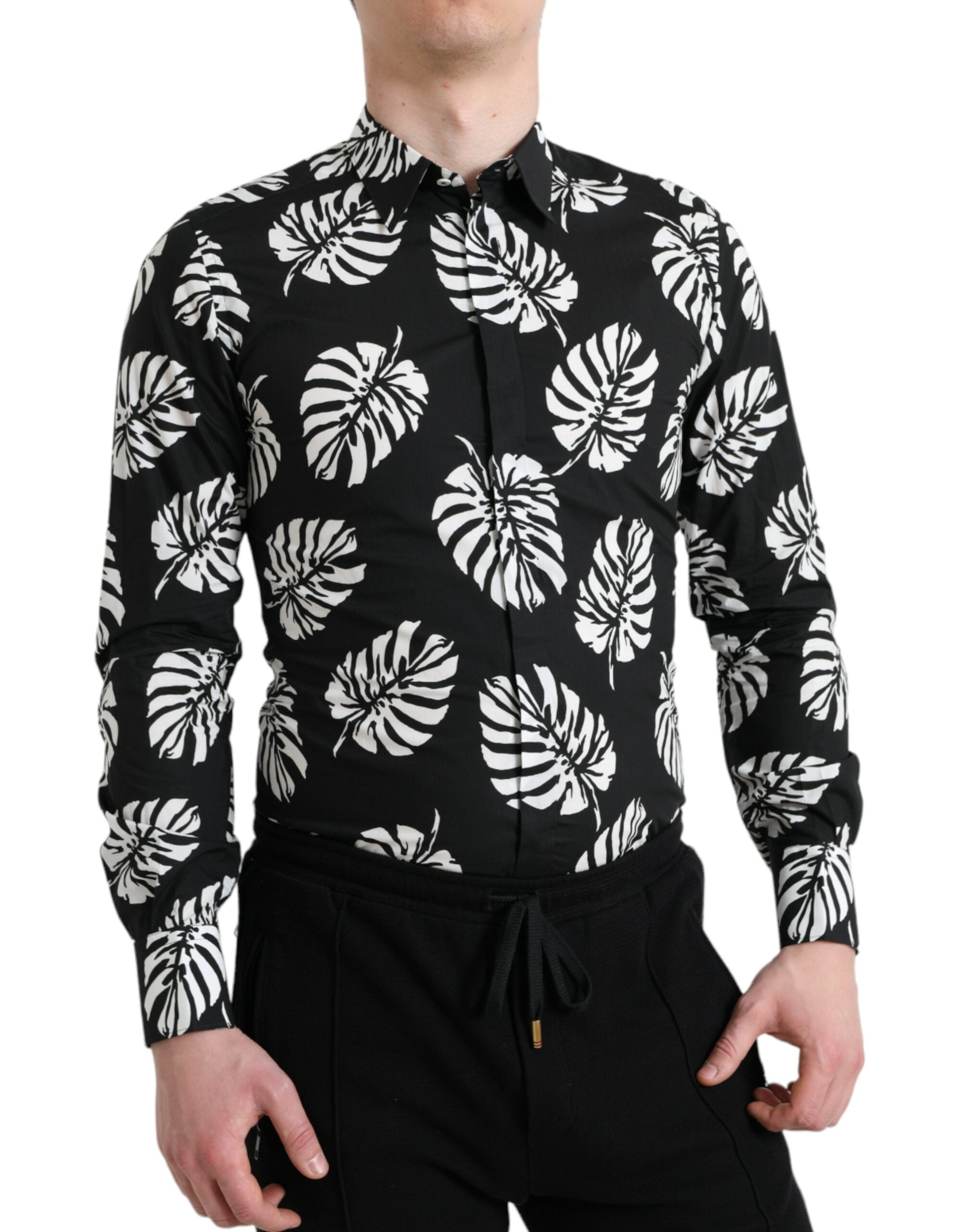Dolce & Gabbana Black Leaf Cotton Herr Formell Guldskjorta