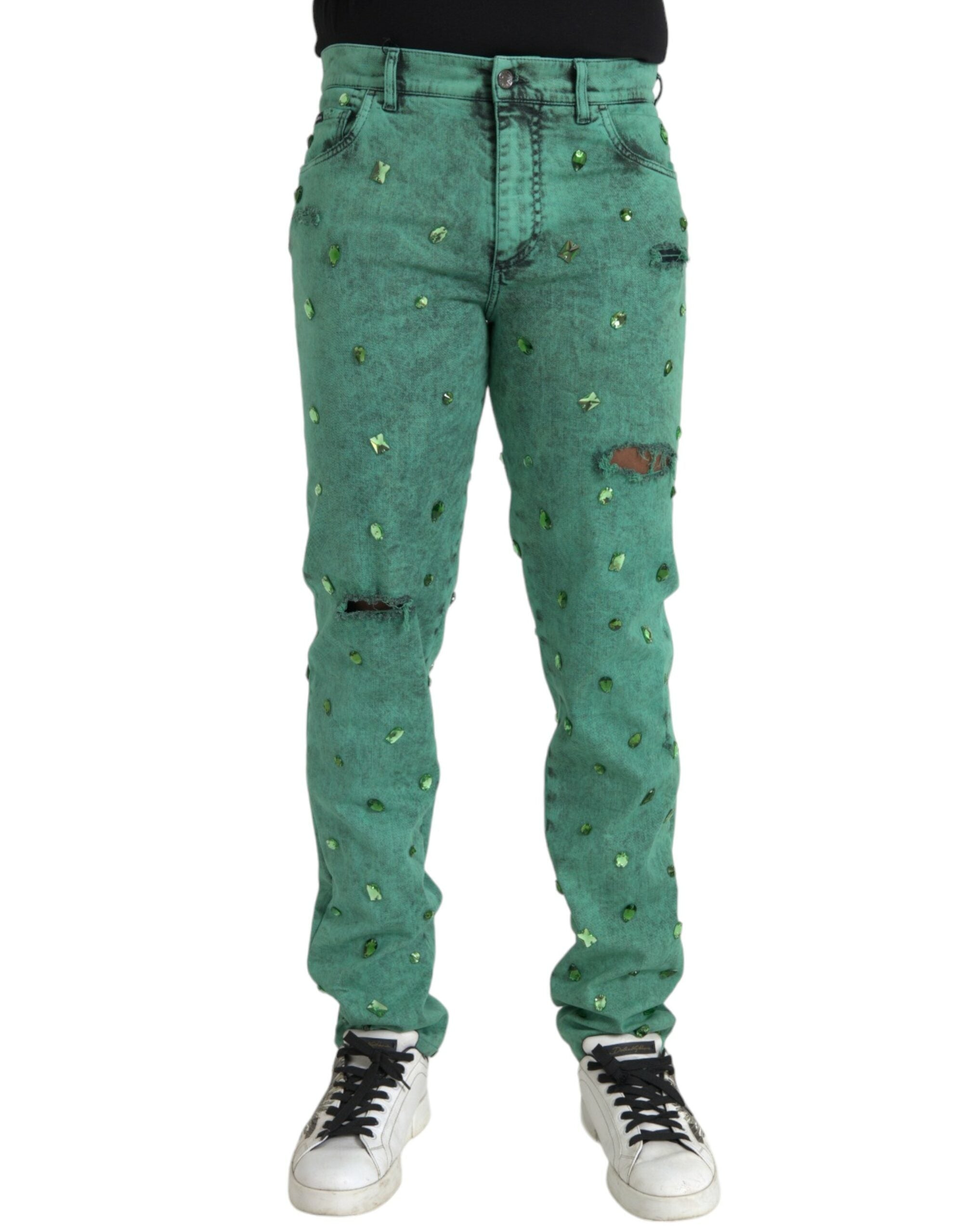 Dolce & Gabbana Gröna Kristaller Bomullsstretch Slim Jeans