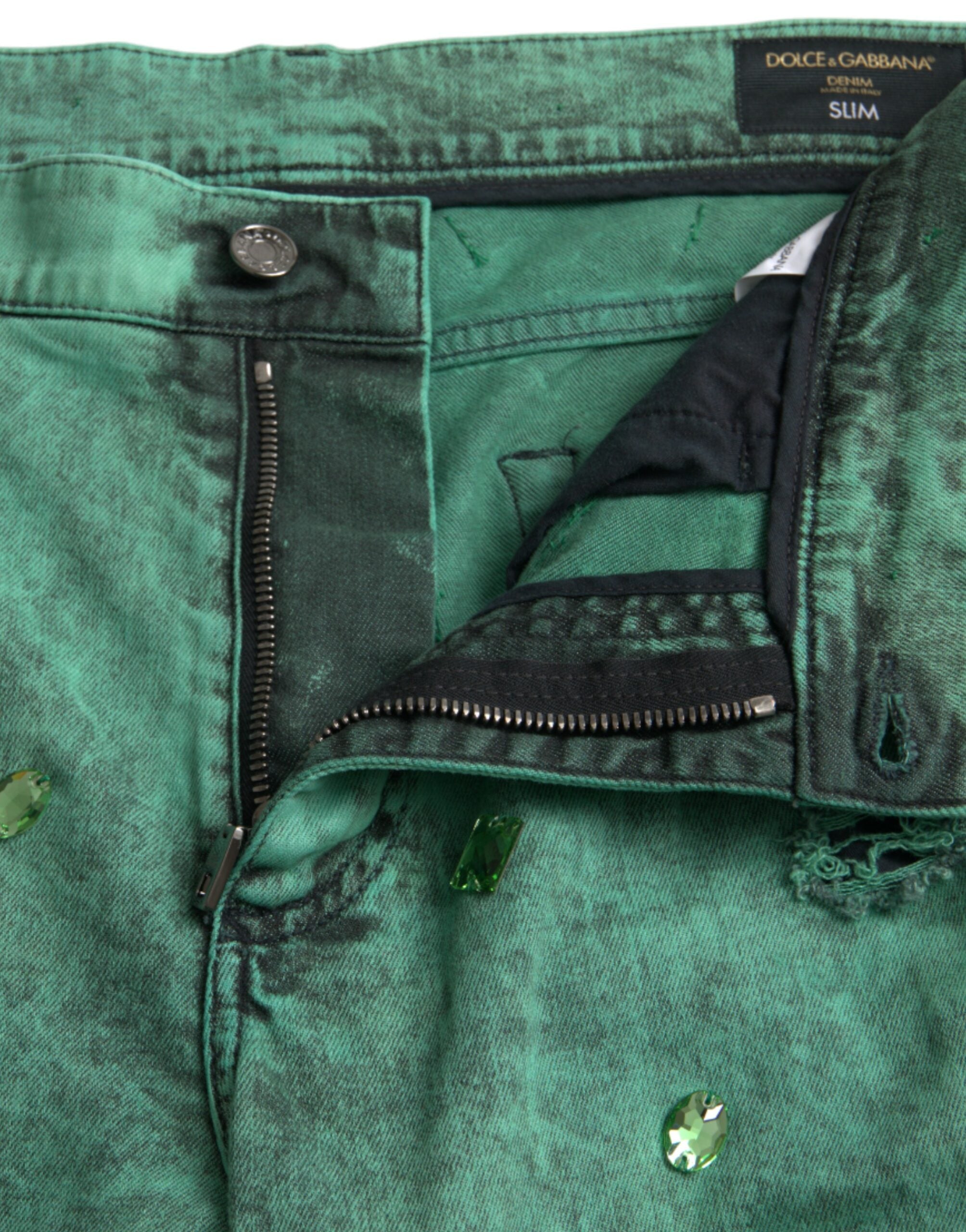 Dolce & Gabbana Gröna Kristaller Bomullsstretch Slim Jeans