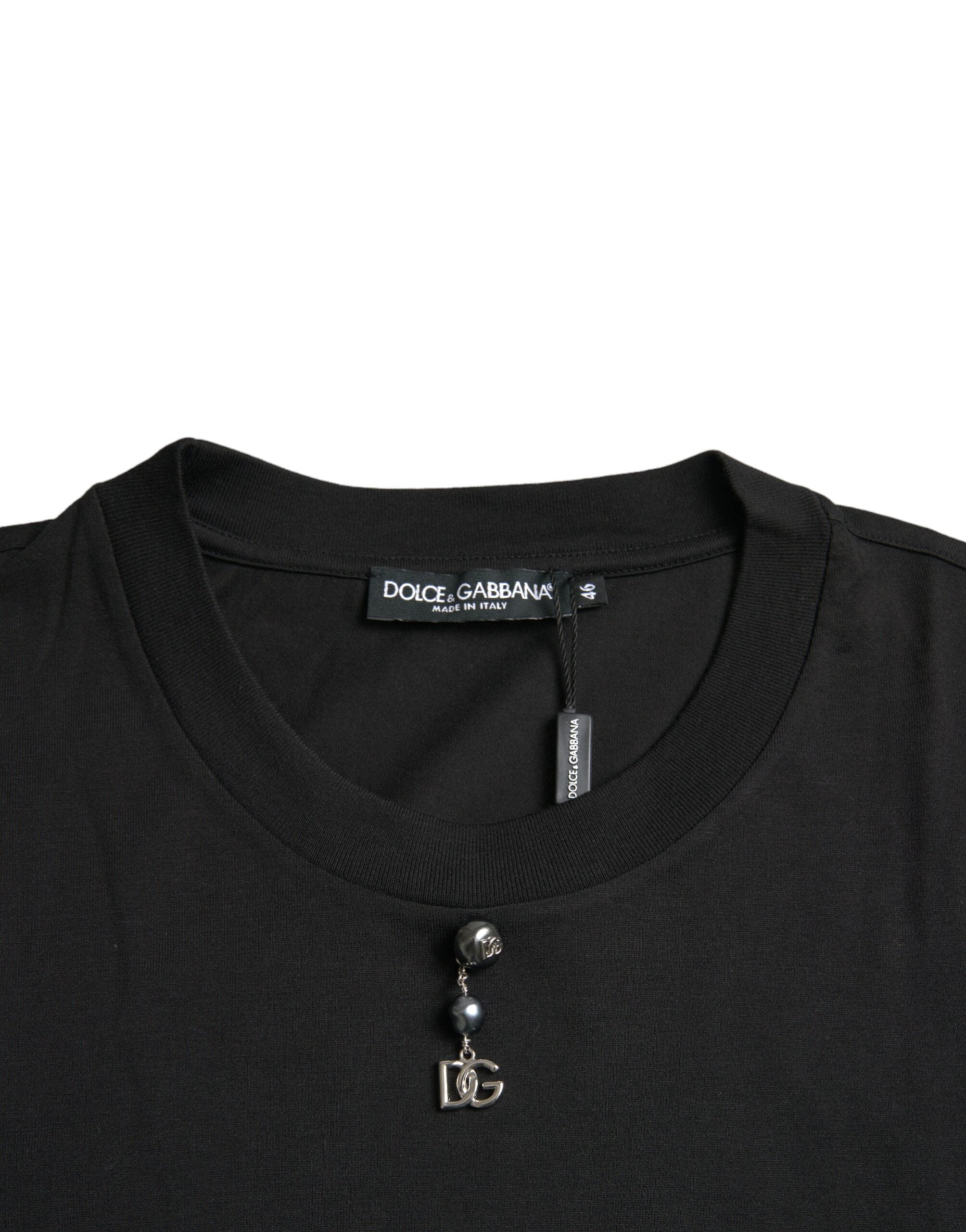 Dolce & Gabbana svart utsmyckad bomulls-t-shirt med rund halsringning