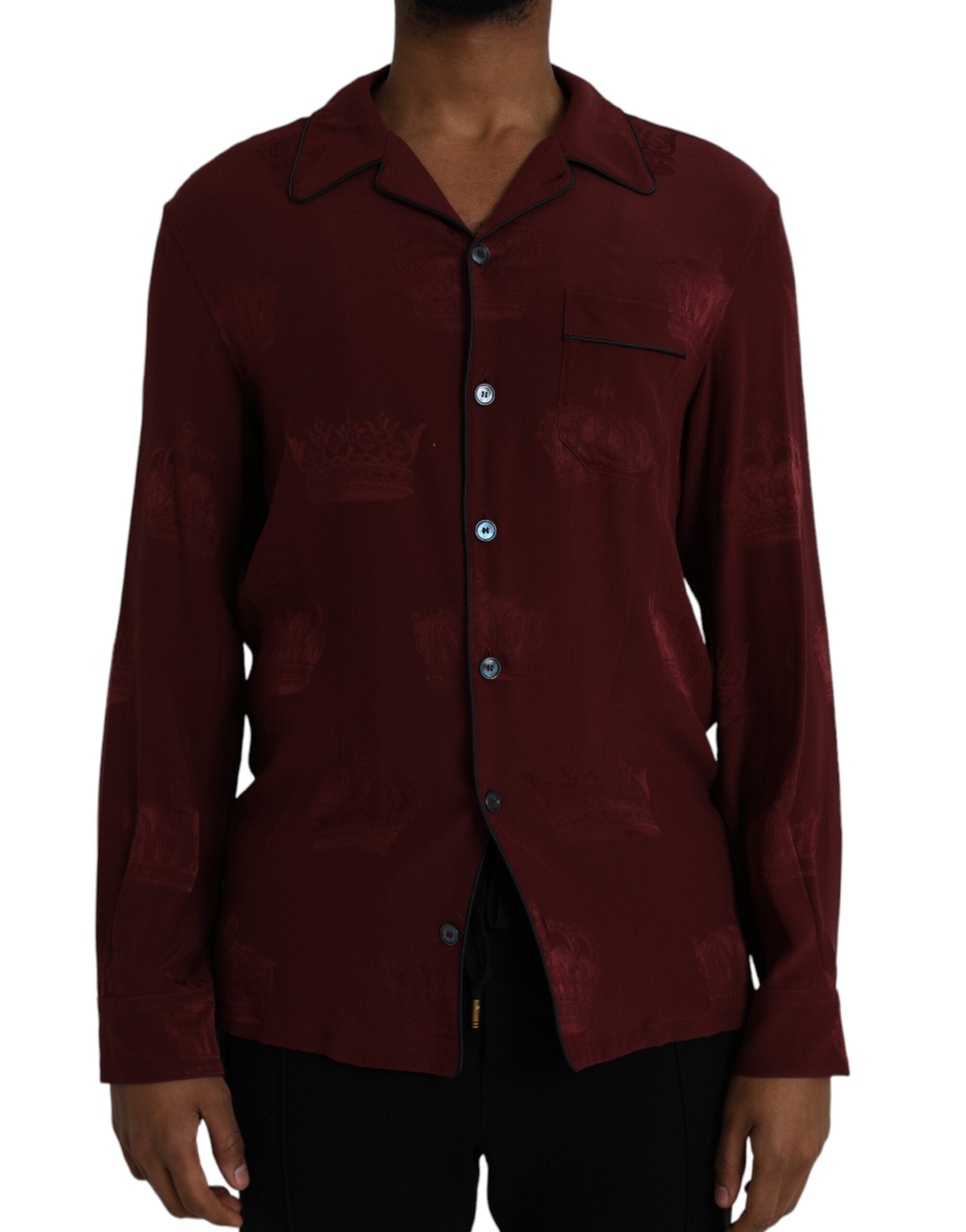 Dolce & Gabbana Maroon Crown Jacquard Siden Långärmad Skjorta