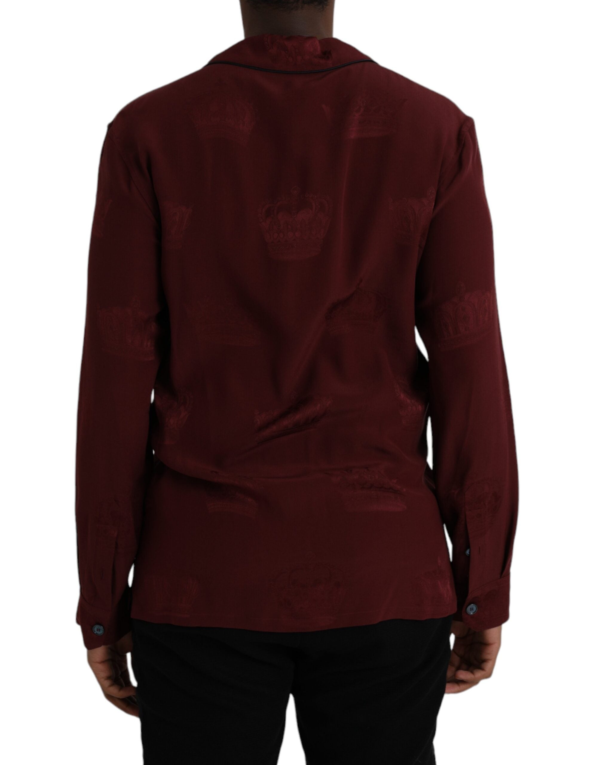 Dolce & Gabbana Maroon Crown Jacquard Siden Långärmad Skjorta