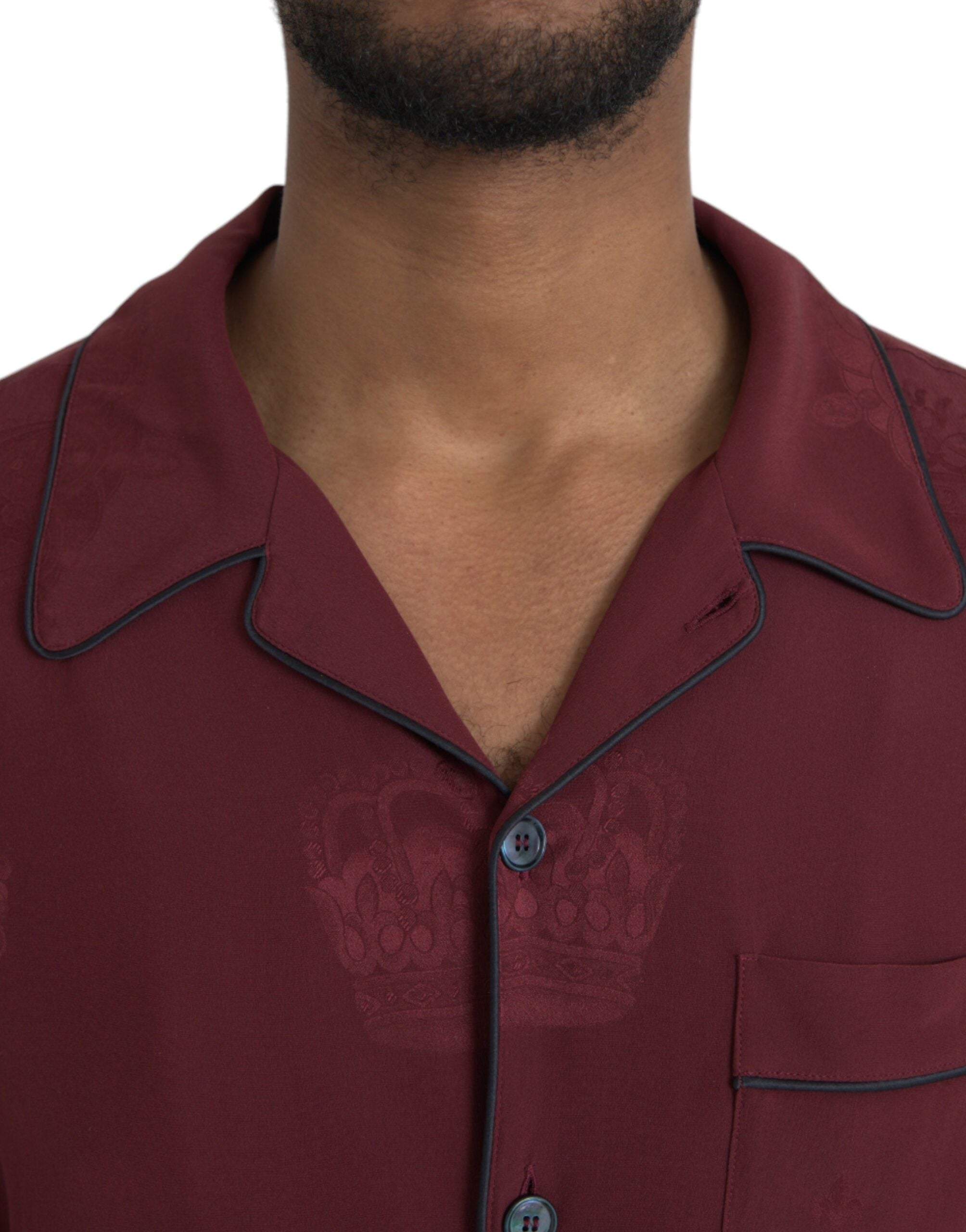 Dolce & Gabbana Maroon Crown Jacquard Siden Långärmad Skjorta