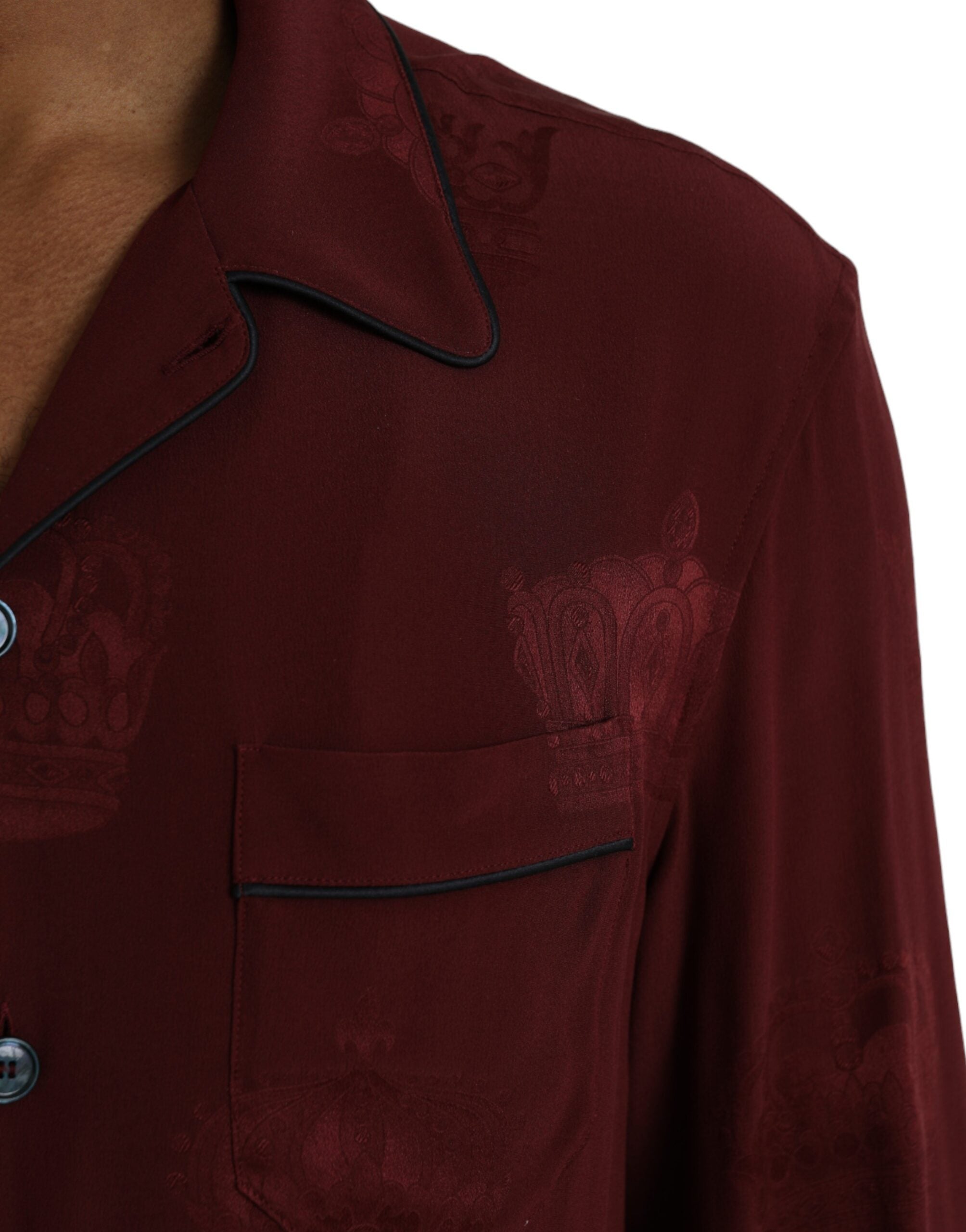 Dolce & Gabbana Maroon Crown Jacquard Siden Långärmad Skjorta