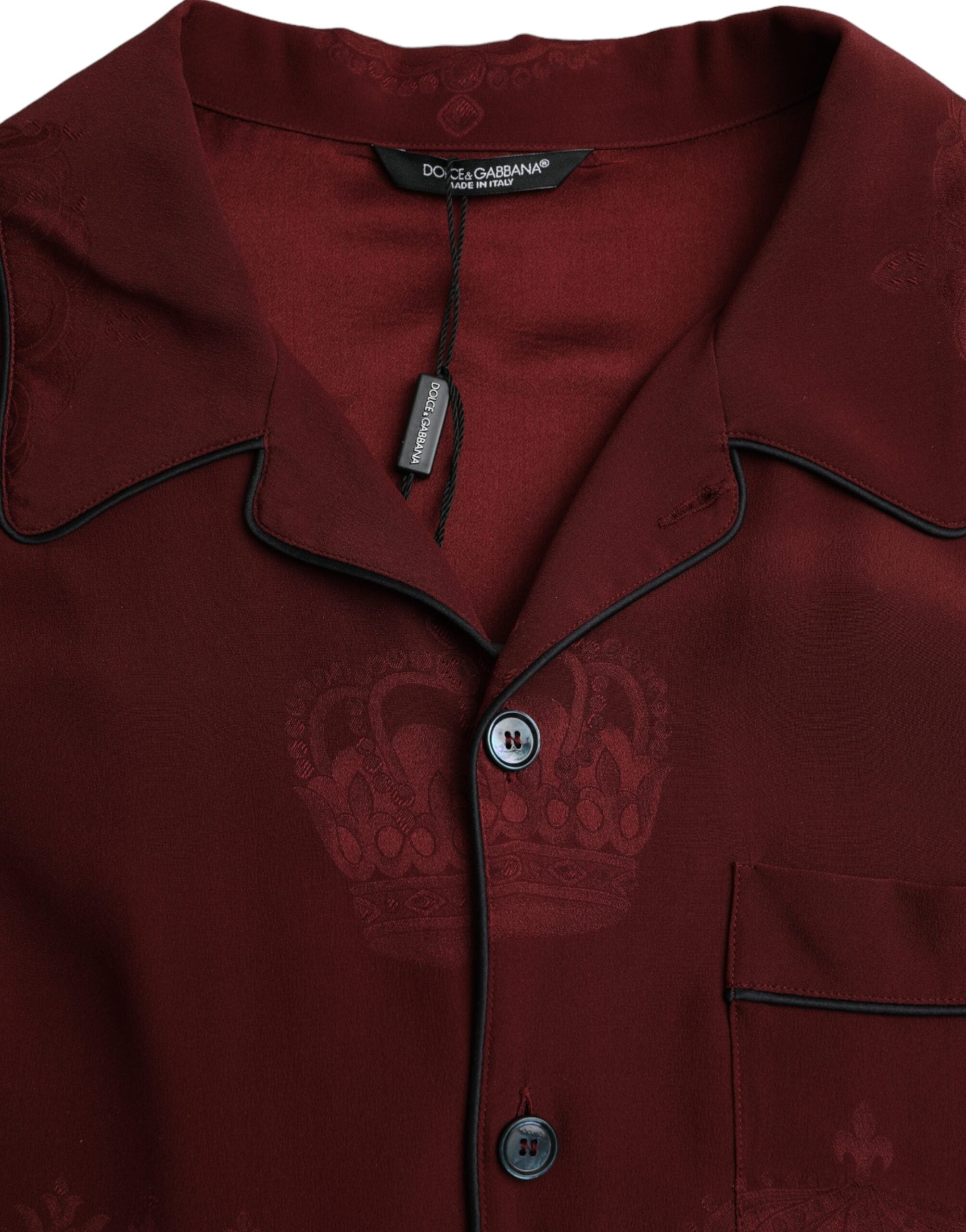 Dolce & Gabbana Maroon Crown Jacquard Siden Långärmad Skjorta