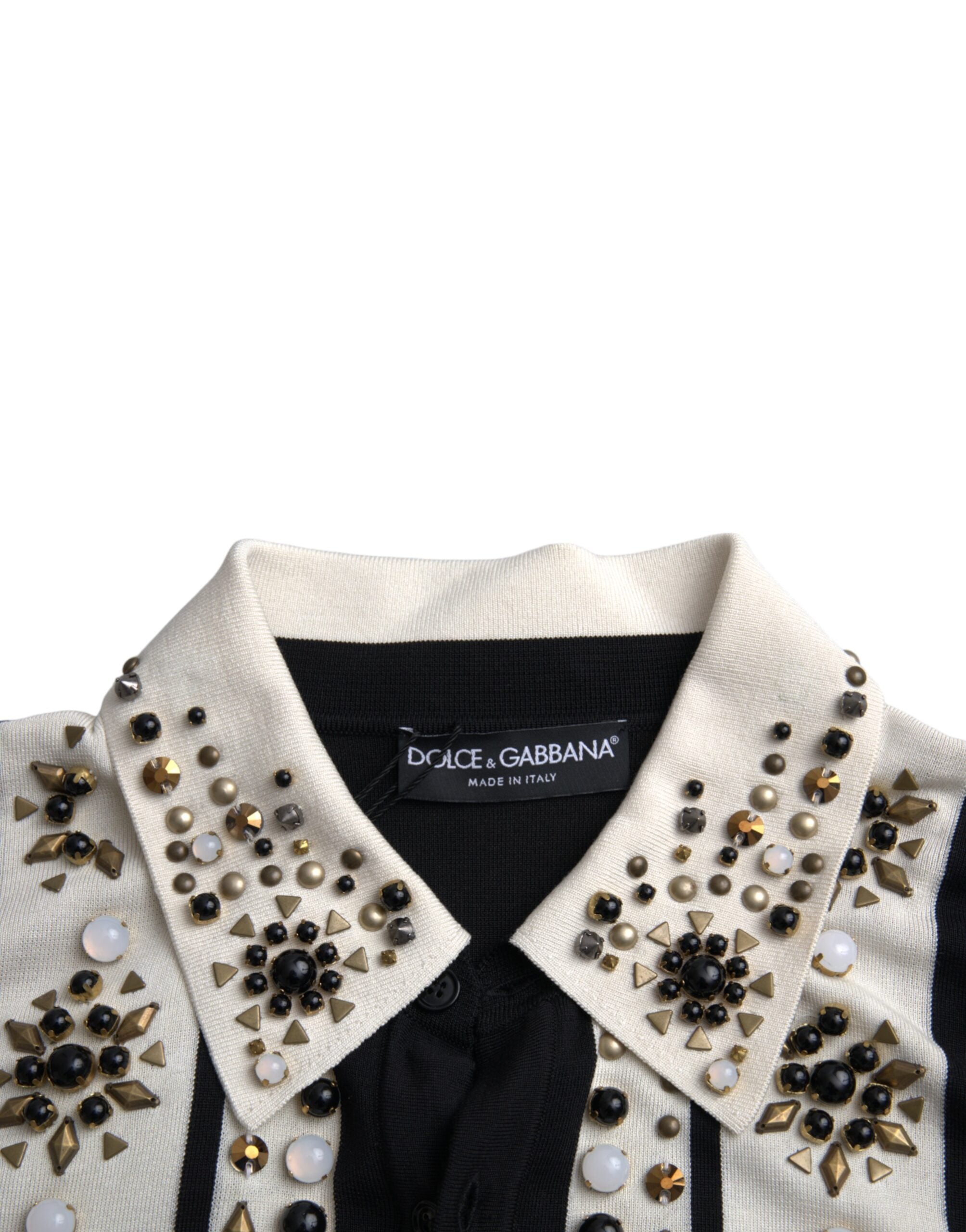 Dolce & Gabbana Vit Svart Sidenskjorta med Nitar och Kristaller