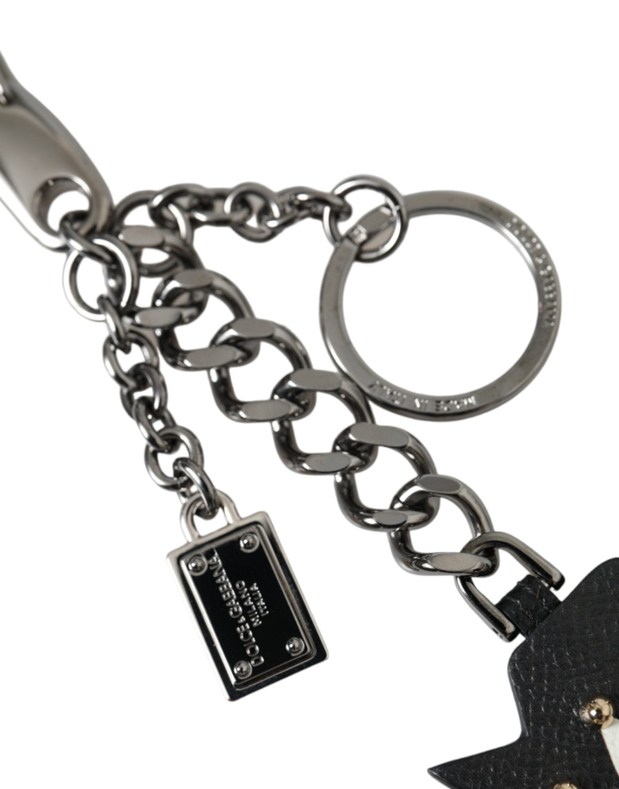 Dolce & Gabbana Black Prince Nyckelring med Nitar och Logotyp i Silvermässing