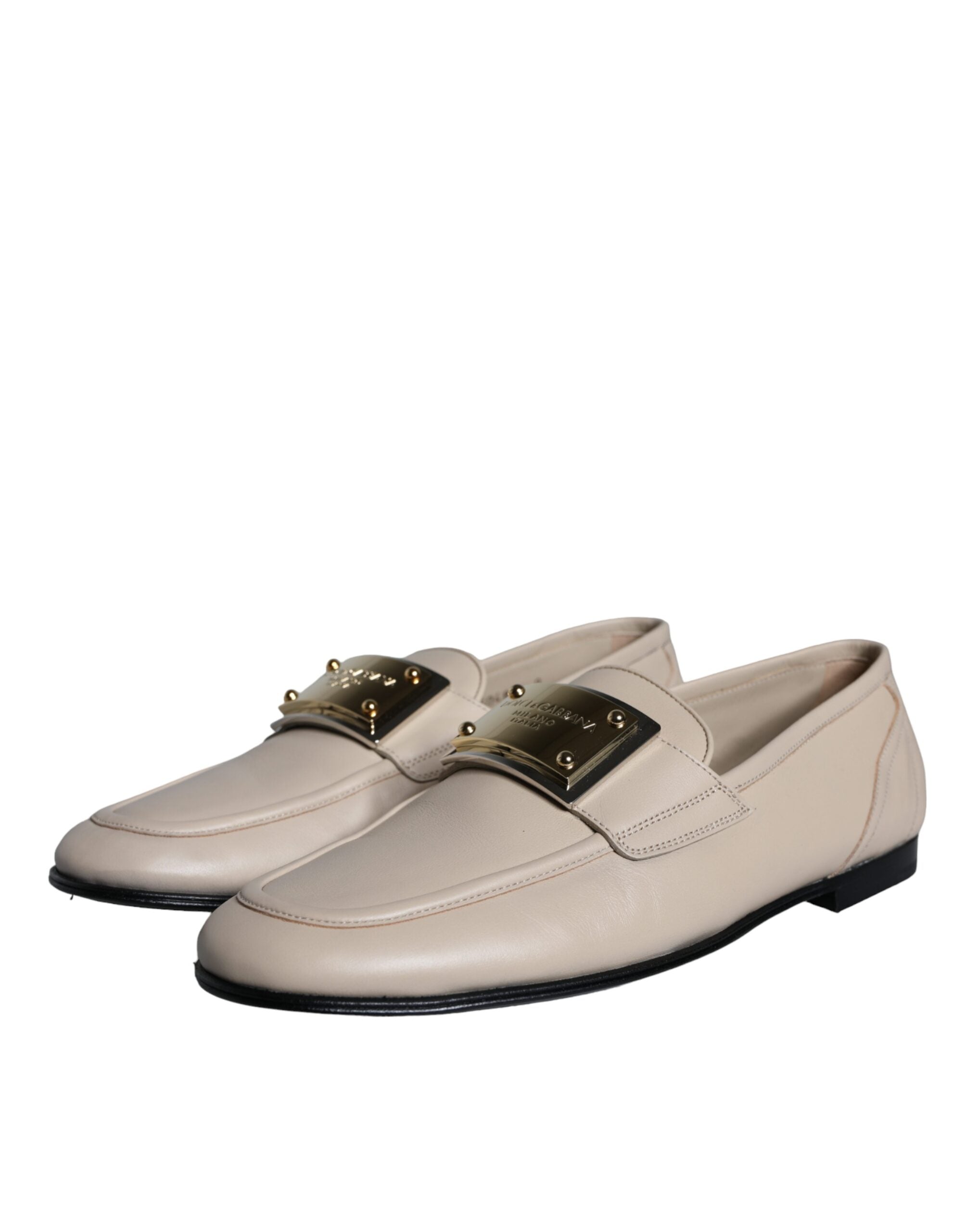 Dolce & Gabbana Beige Läder Logotypplack Slip-On Loafers Herrskor