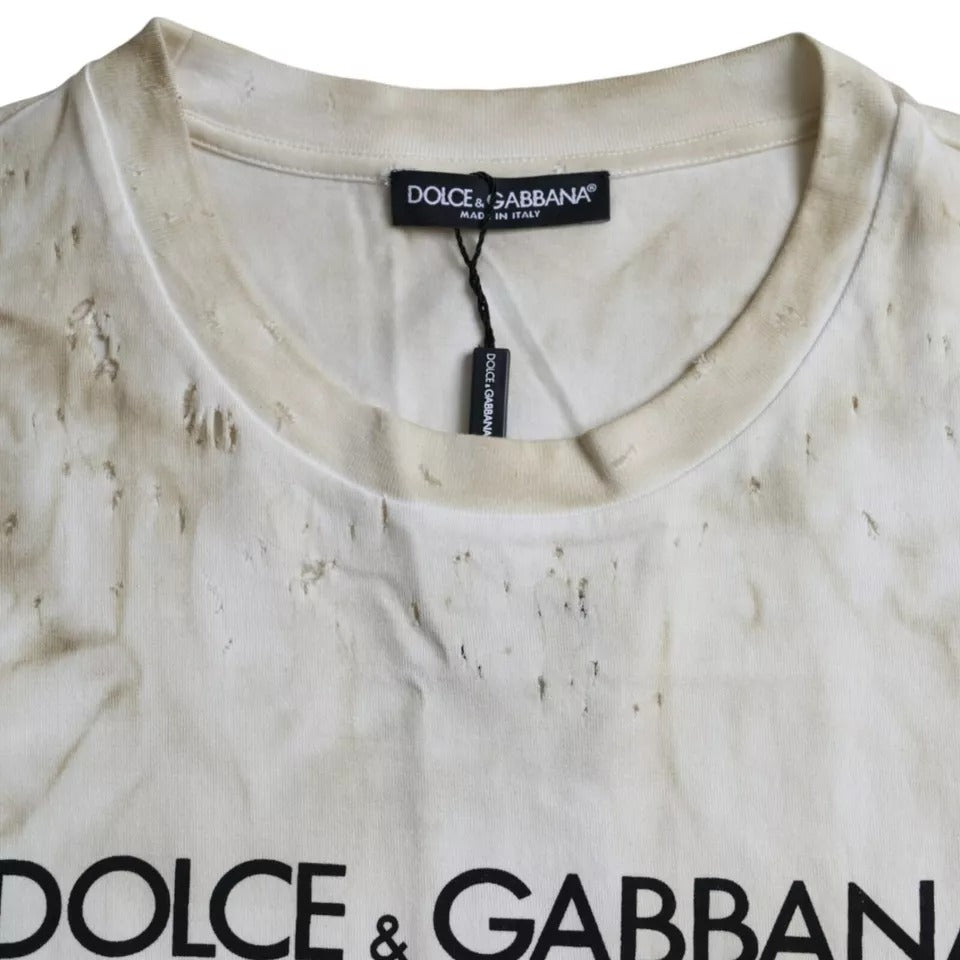 Dolce & Gabbana Off White Logo Bomulls-t-shirt med rund hals