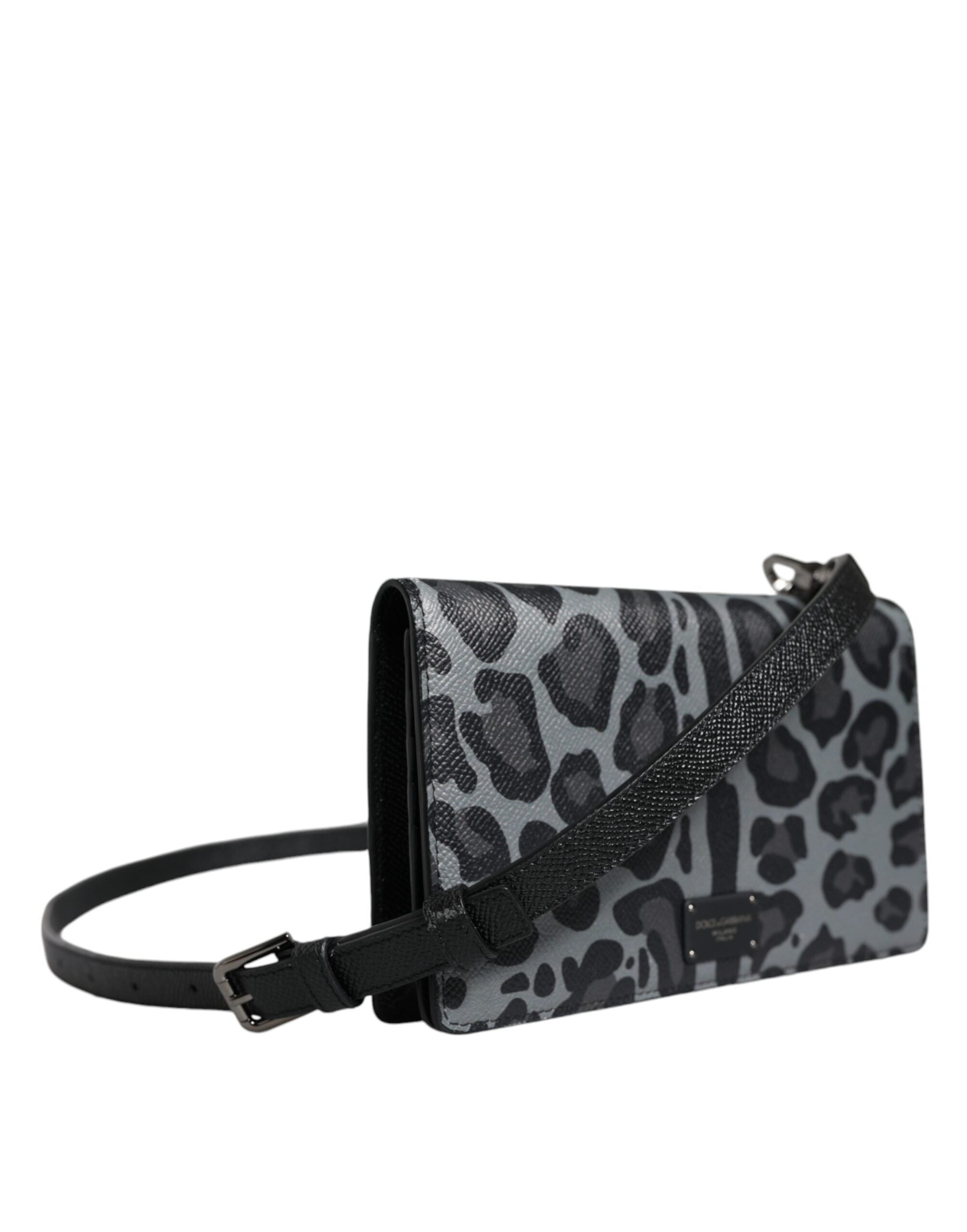 Dolce & Gabbana Svart Grå Leopard Läder Axelremsväska med Vikbart Korthållare