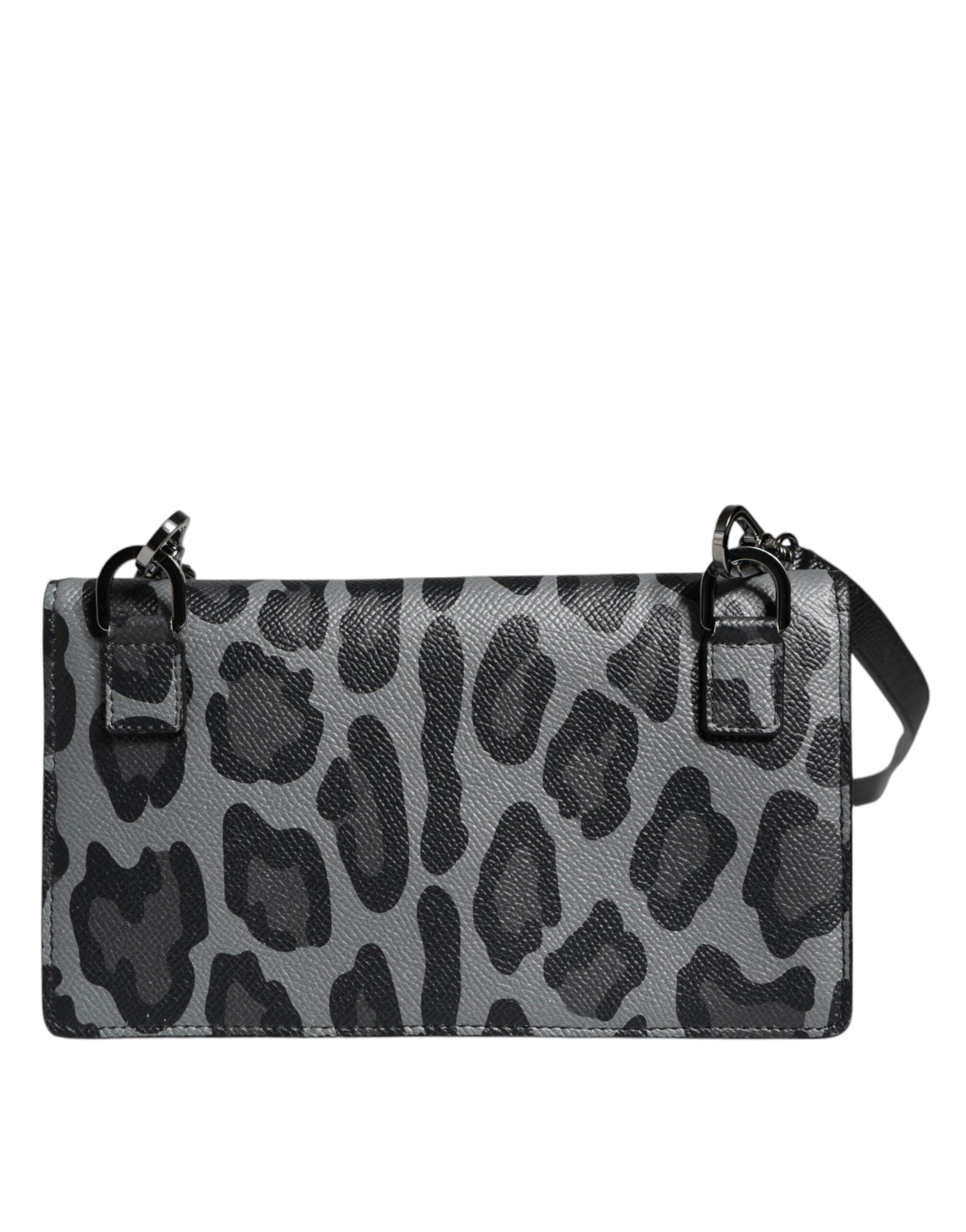 Dolce & Gabbana Svart Grå Leopard Läder Axelremsväska med Vikbart Korthållare