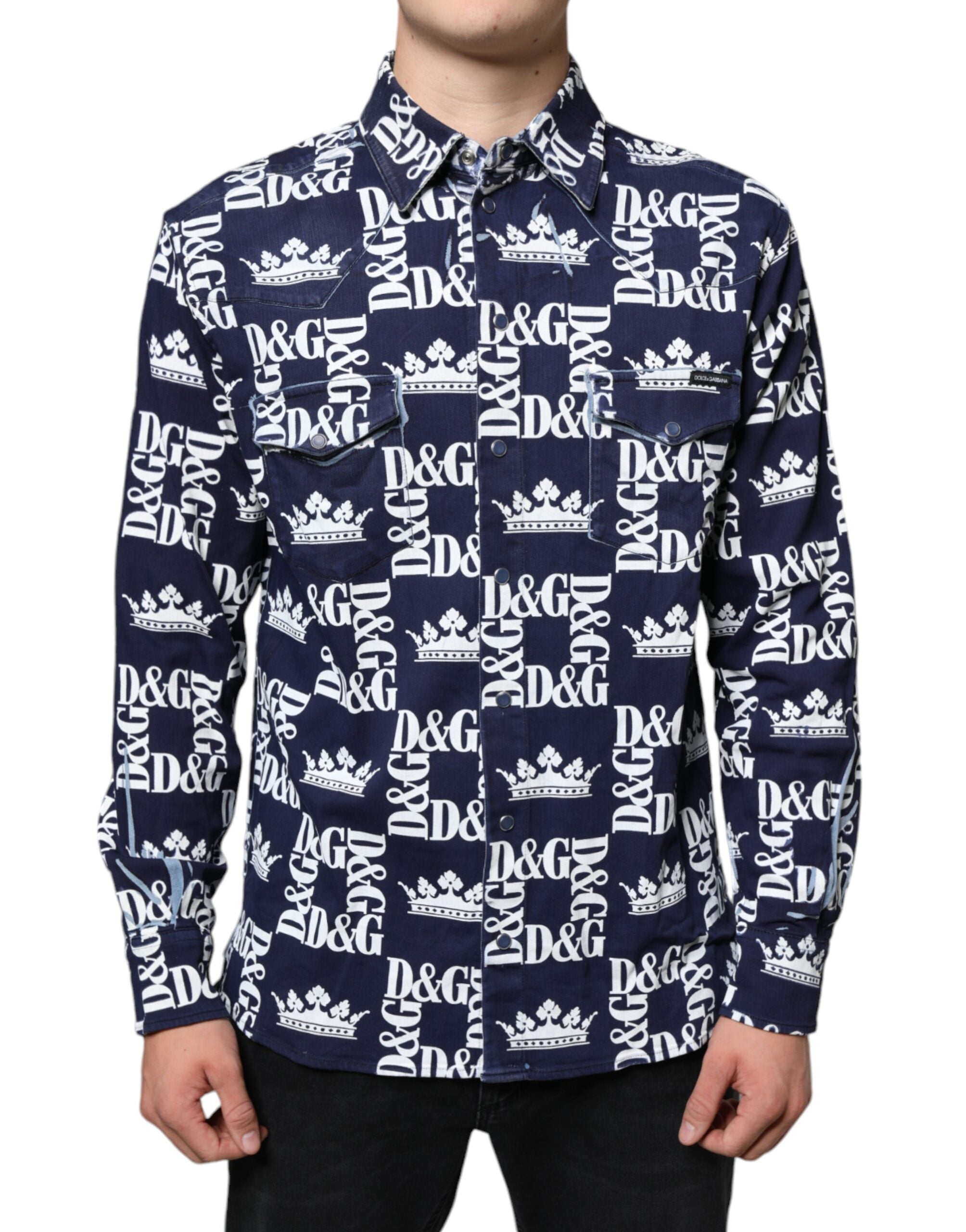 Dolce & Gabbana Blå Kronlogotyptryck Slim Fit Bomullsskjorta